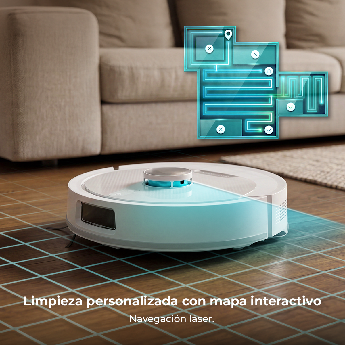 Un robot aspirador blanco con navegación láser en suelo de madera. Un mapa interactivo flota arriba.