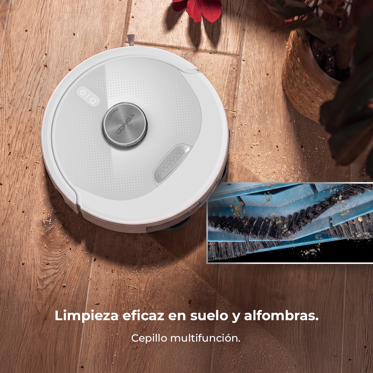 Un robot aspirador blanco limpia un suelo de madera, con primer plano de su cepillo.