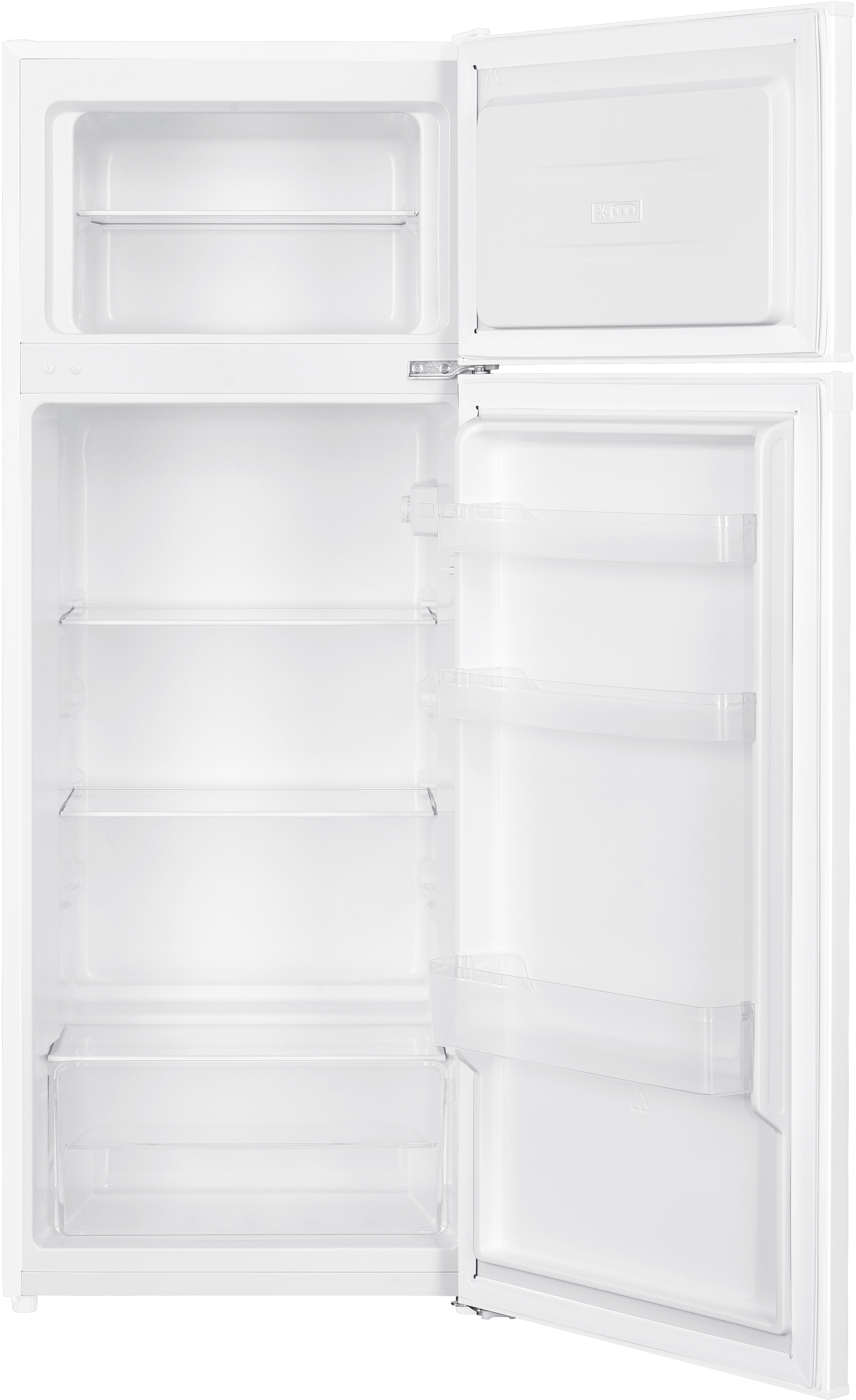 Ein leerer weißer Kühlschrank mit offener Tür und mehreren Einlegeböden.