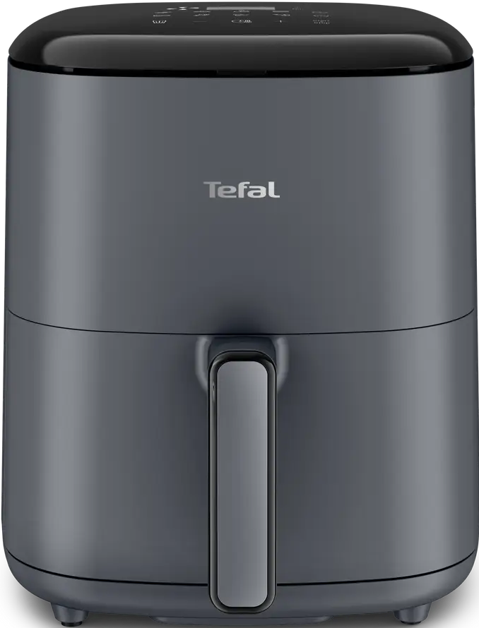 Une friteuse à air Tefal gris foncé avec écran numérique et poignée argentée.