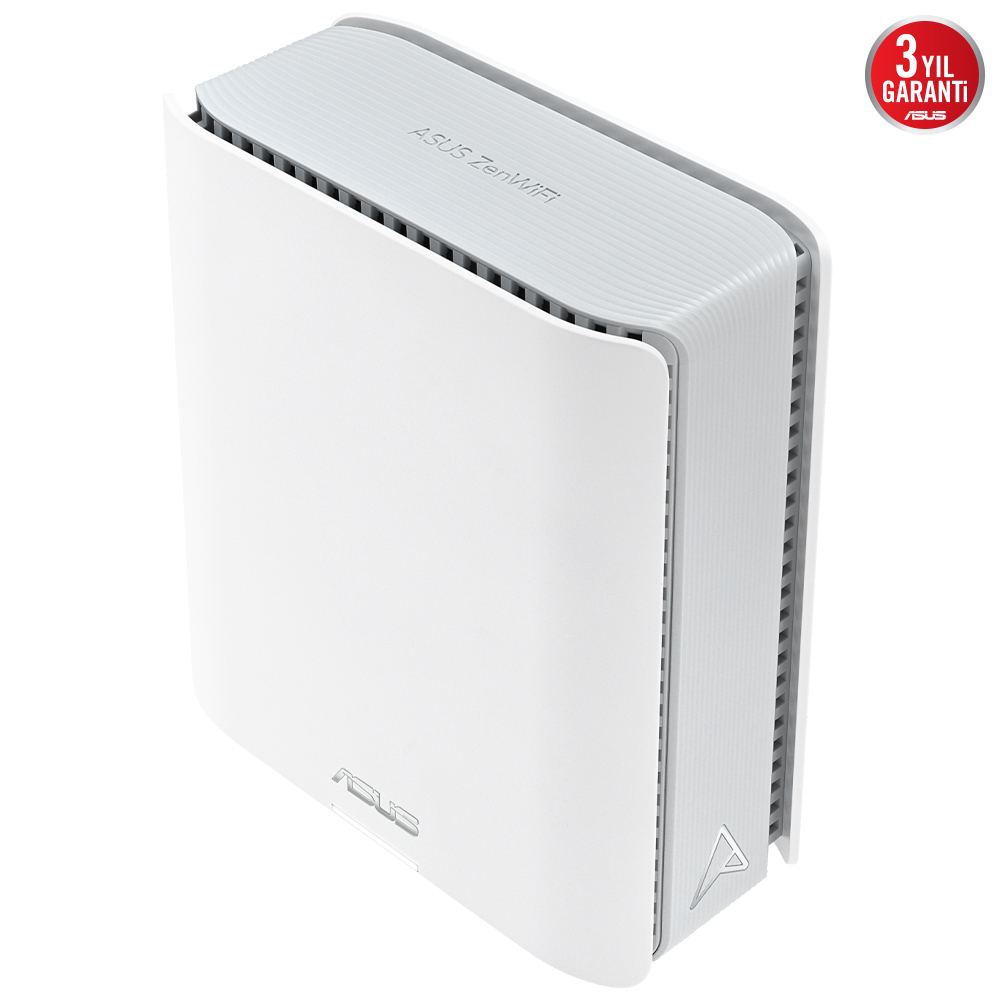 Sağ üst köşede garanti logosu bulunan beyaz bir ASUS ZenWiFi yönlendirici.