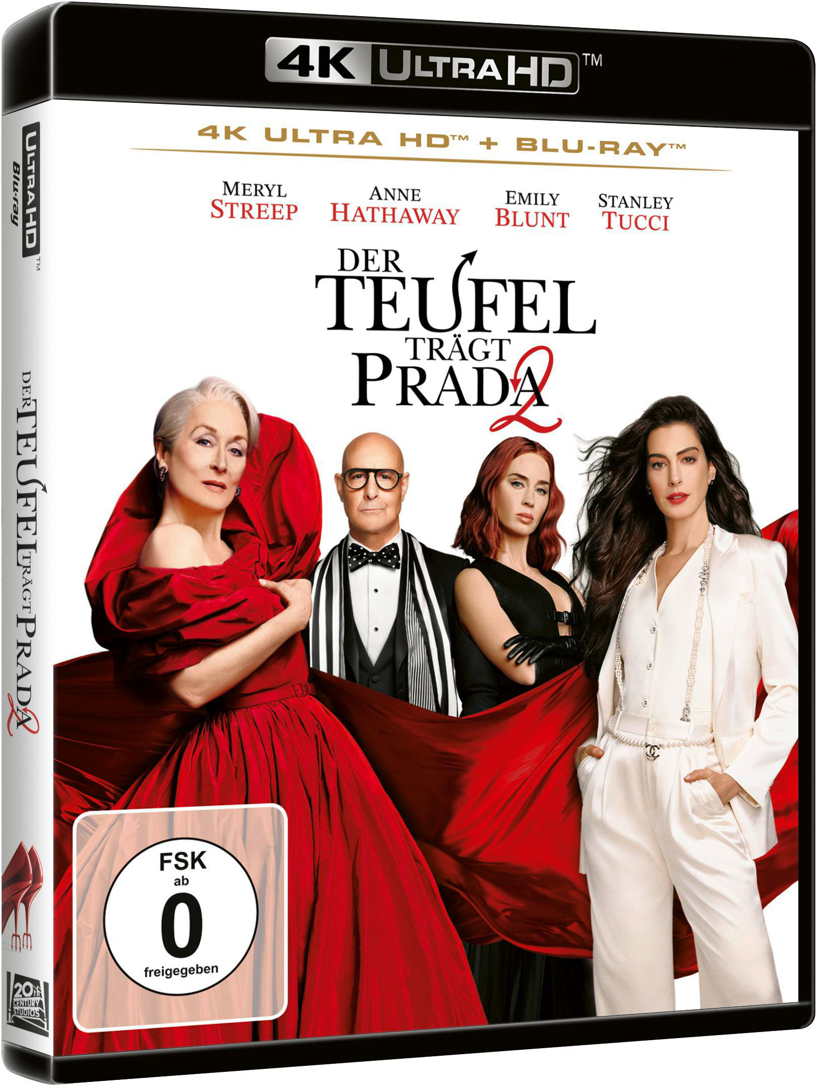 Vier Schauspieler posieren für den Film "Der Teufel trägt Prada 2". Meryl Streep im roten Kleid.