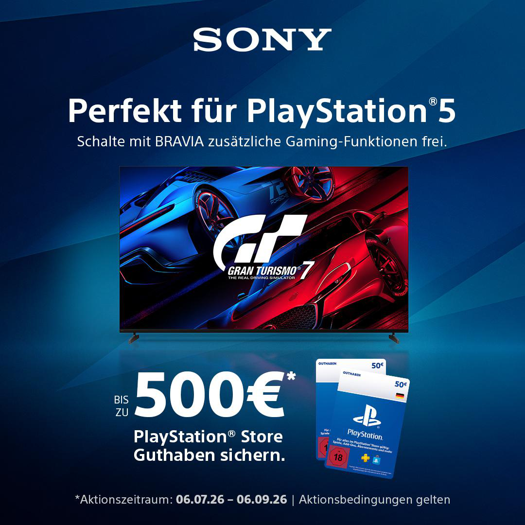 Sony Bravia TV wirbt für PlayStation 5 und Gran Turismo 7 mit bis zu 500€ Guthaben.