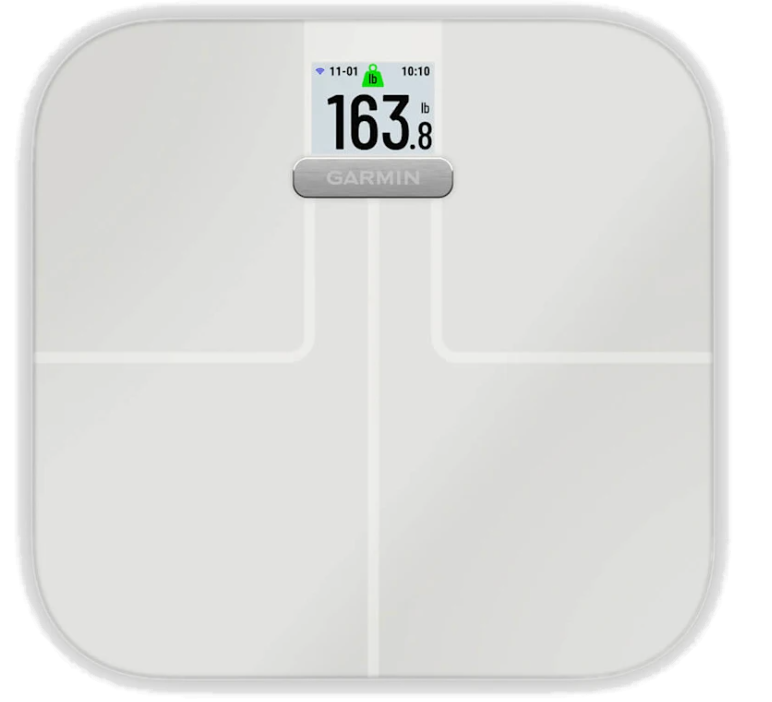 Biała waga cyfrowa z logo Garmin, pokazująca 163,8 funta.