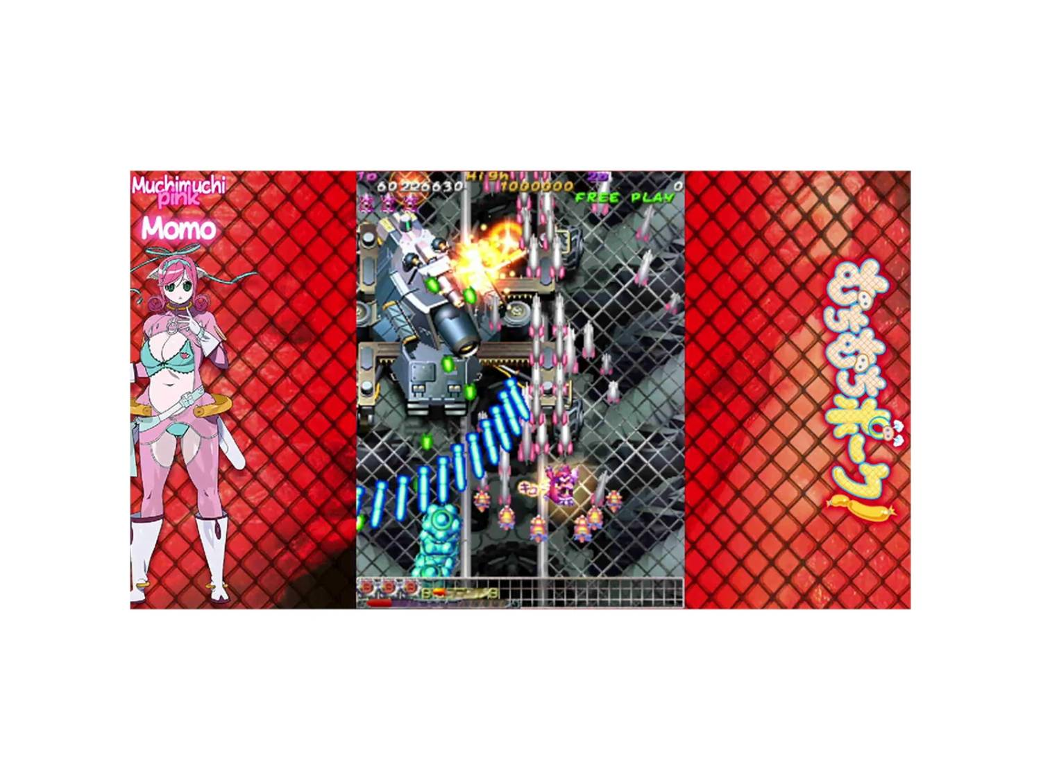 Una chica anime rosa está a la izquierda. Una escena de videojuego con naves disparando está a la derecha.