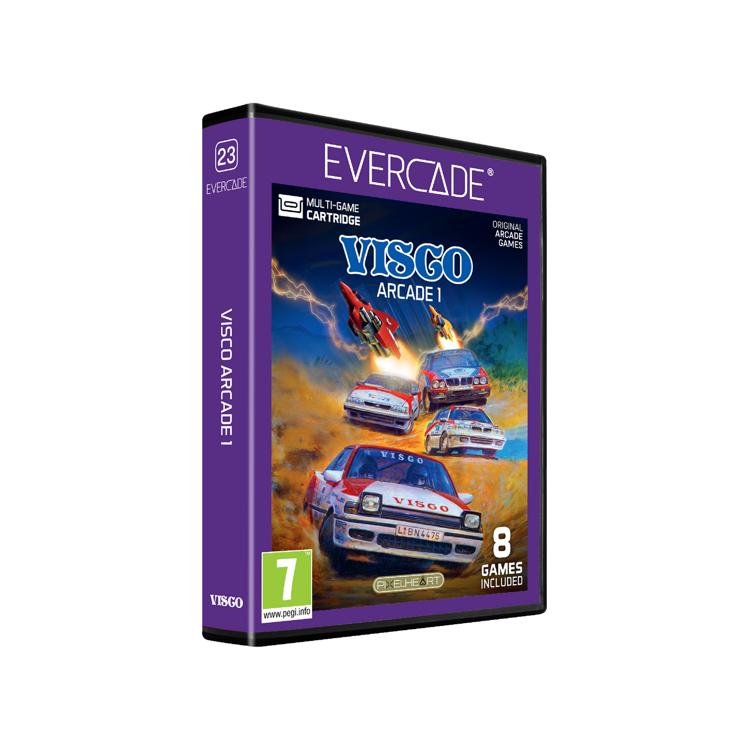 Caja de juego Evercade con coches de carreras y una nave espacial roja. Incluye 8 juegos.