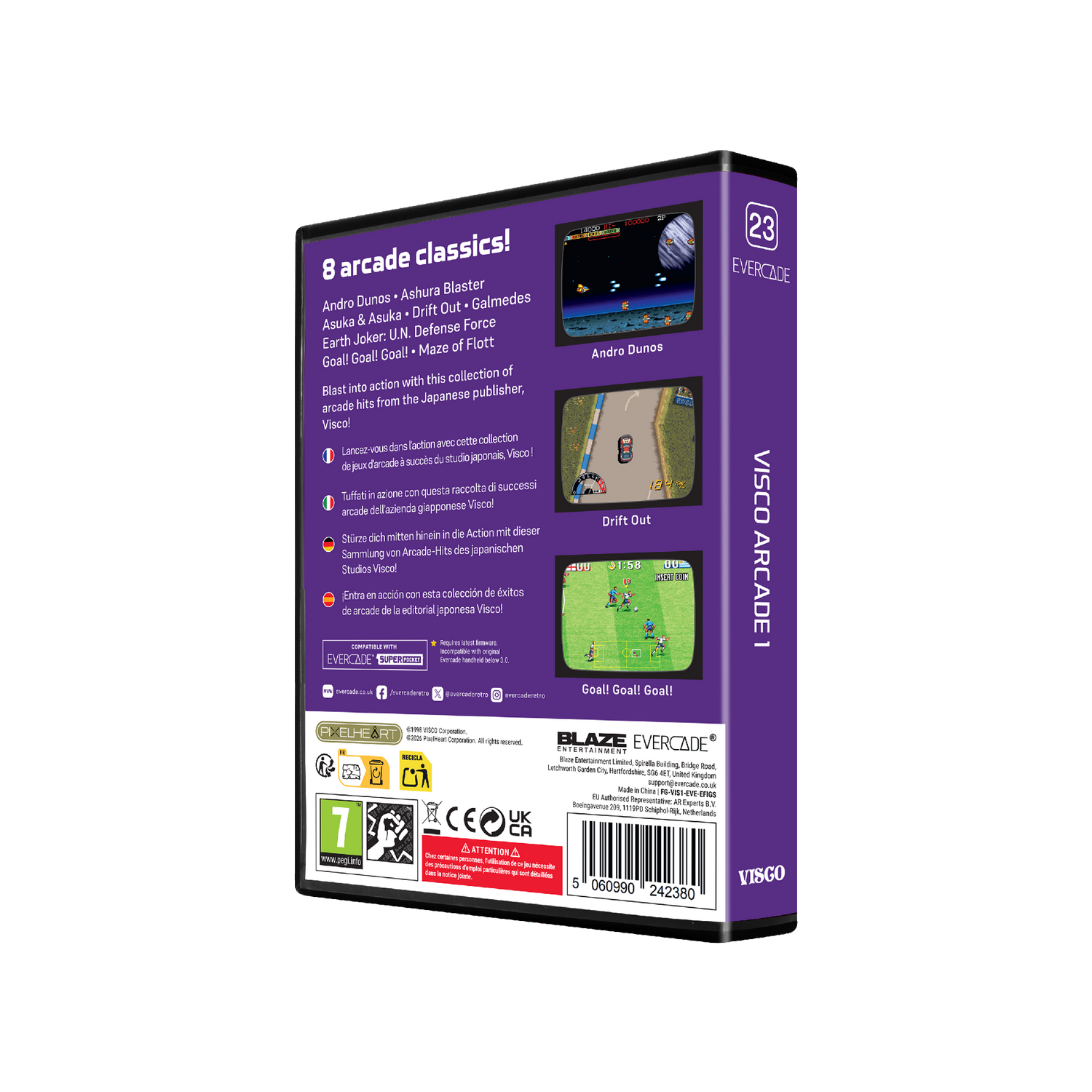 Caja de juego Evercade con 8 clásicos arcade: Andro Dunos, Drift Out, Goal! Goal! Goal! con capturas.