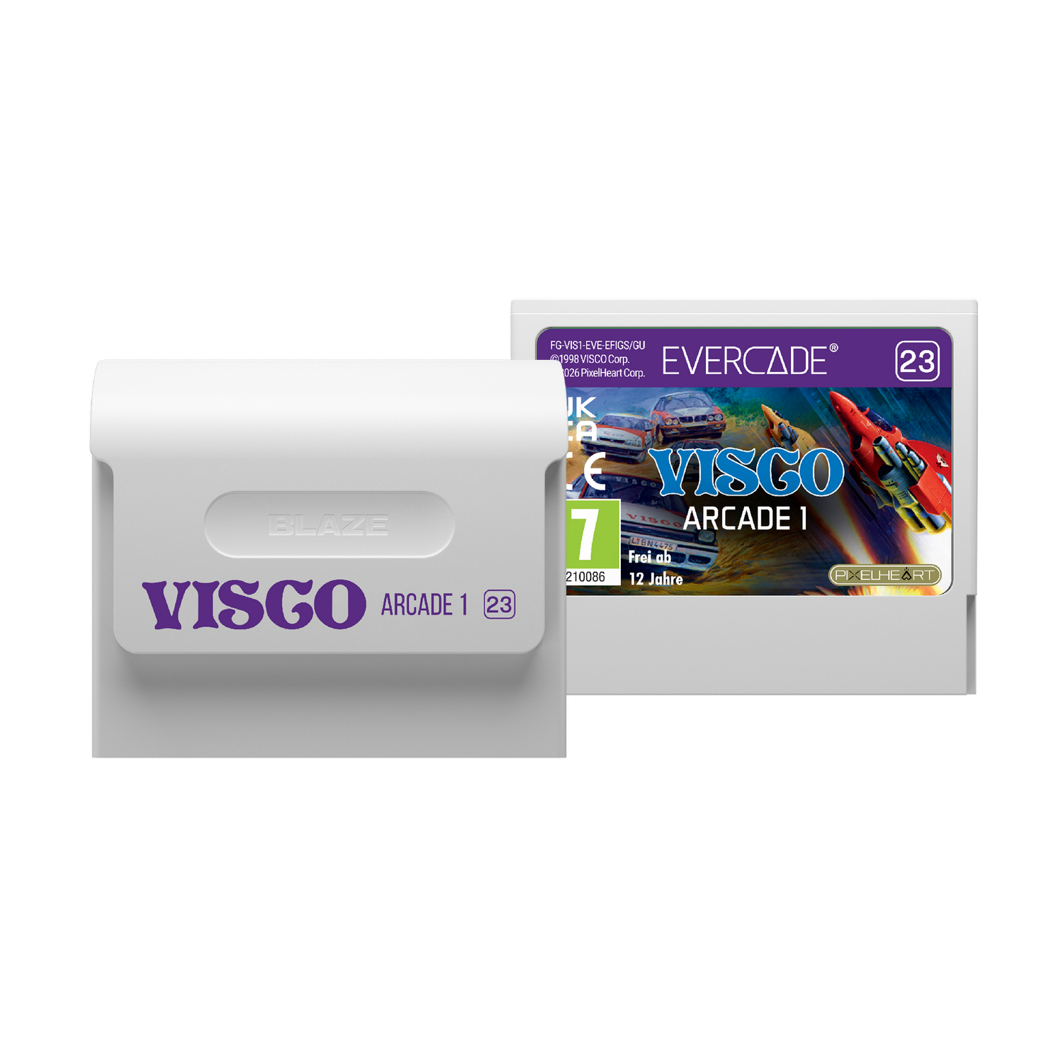 Cartucho de juego Evercade Visco Arcade 1 con coches y una nave espacial.
