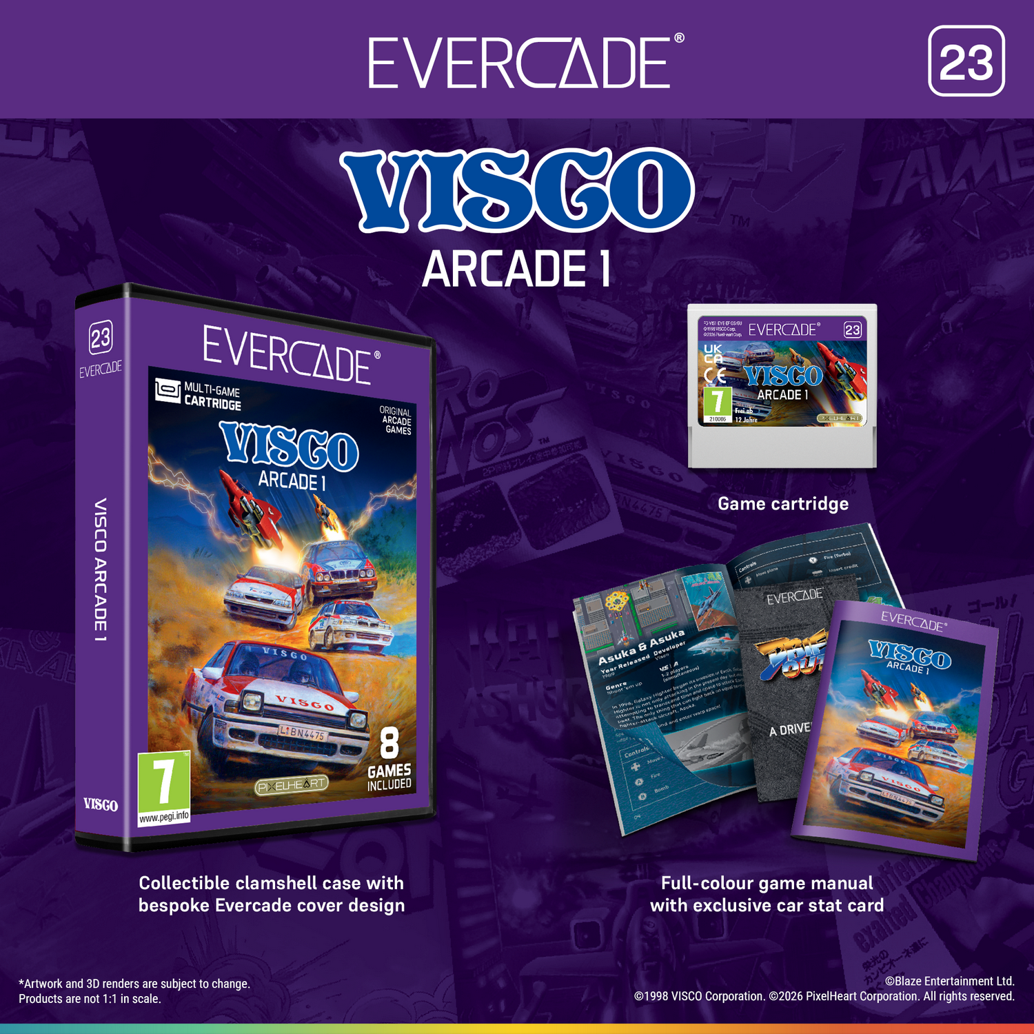 Embalaje del juego Evercade VISCO ARCADE 1, cartucho, manual y estadísticas de coches.