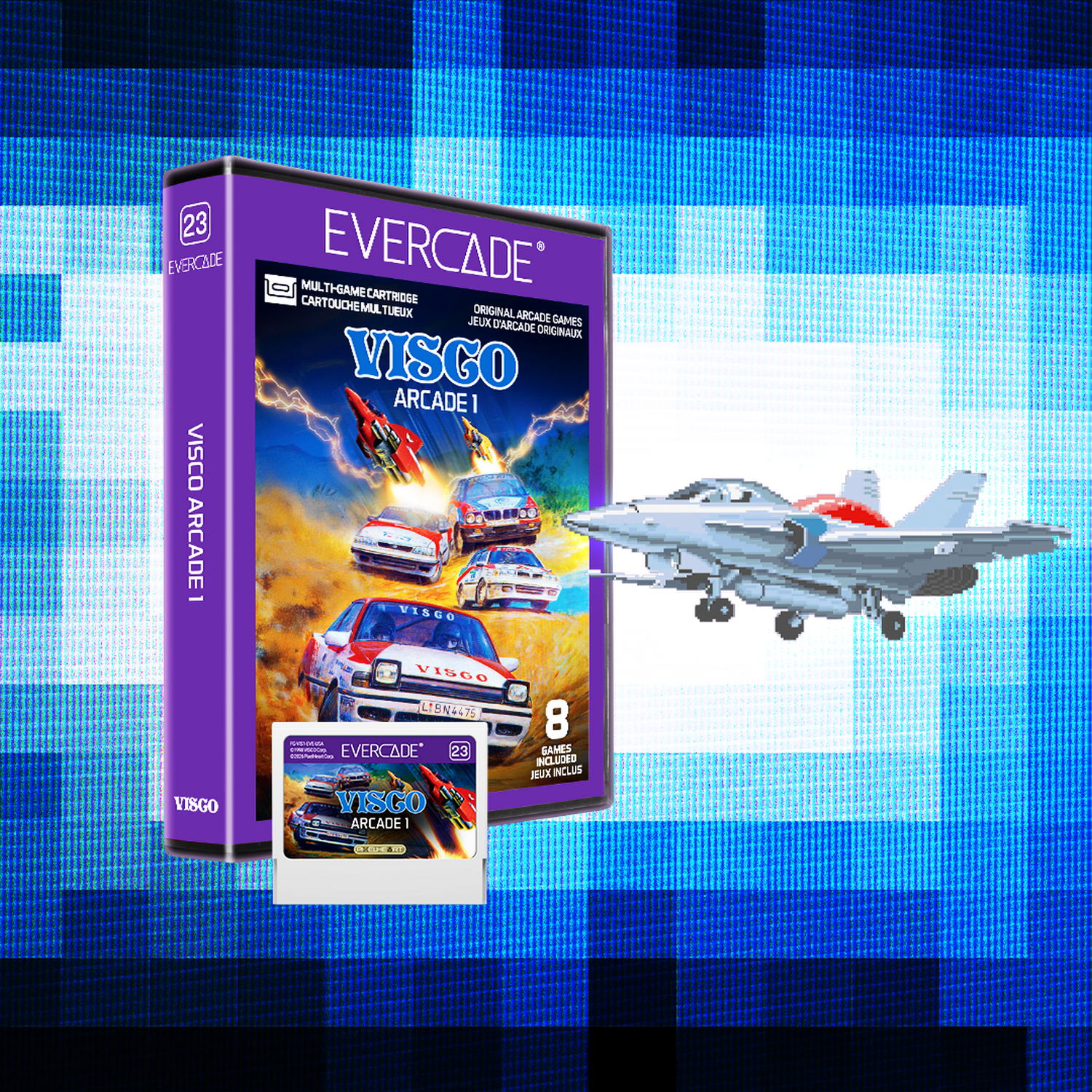 Caja morada Evercade para Visco Arcade 1 y un caza pixelado.