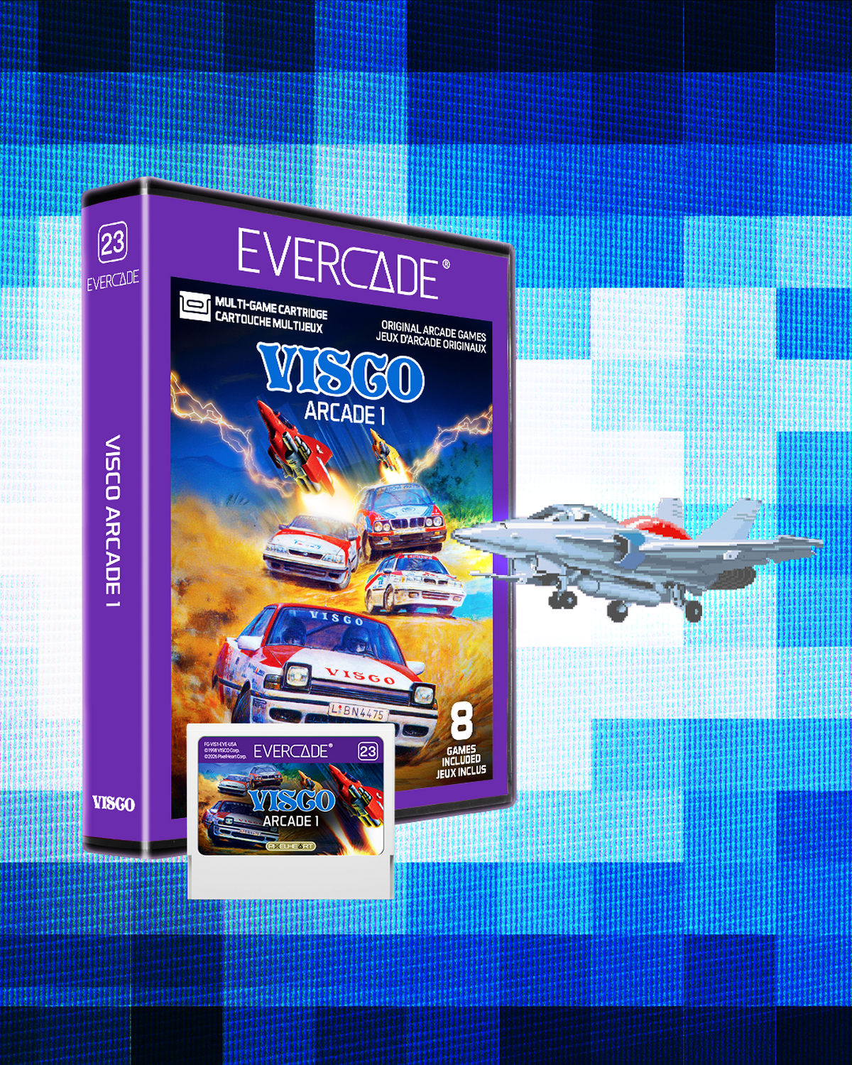 Embalaje del juego Evercade para Visco Arcade 1, con un jet y coches de carreras.