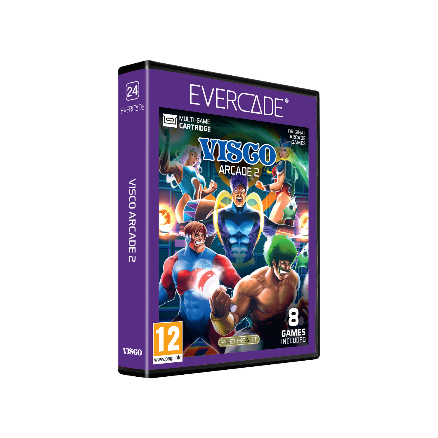 Caja del juego Evercade Visco Arcade 2 con 8 juegos y arte de luchadores estilo cómic.