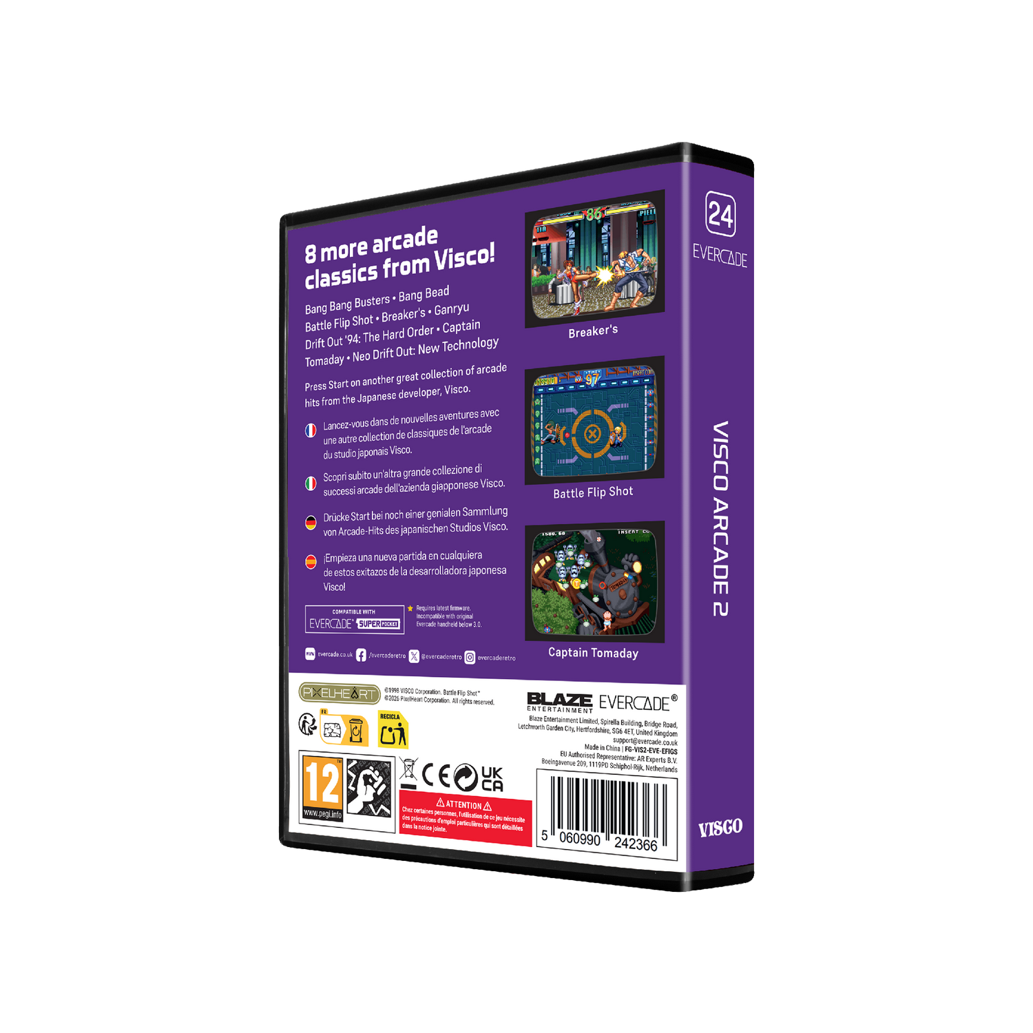 Embalaje de videojuego con 8 clásicos arcade de Visco, clasificado para mayores de 12 años.
