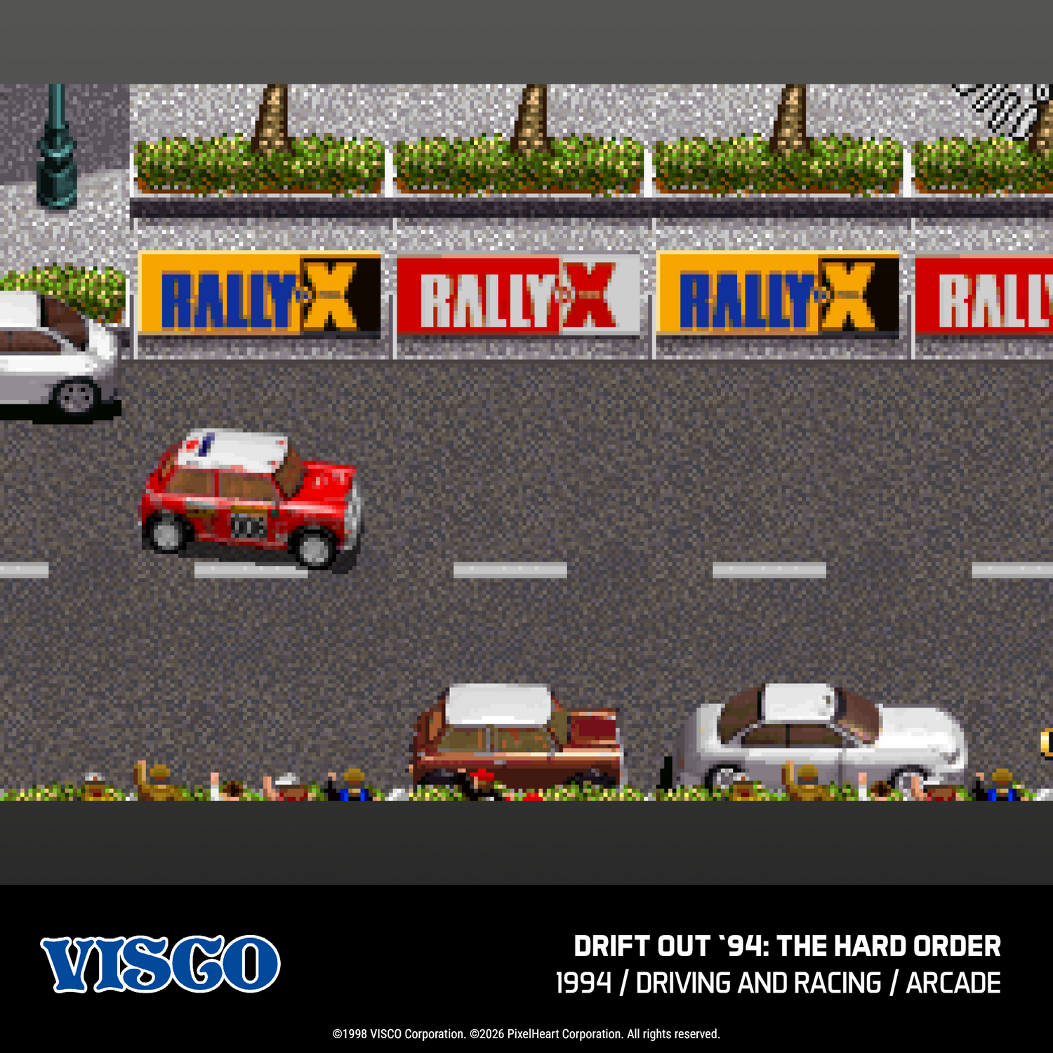 Escena de juego de carreras con autos y pancartas de rally.