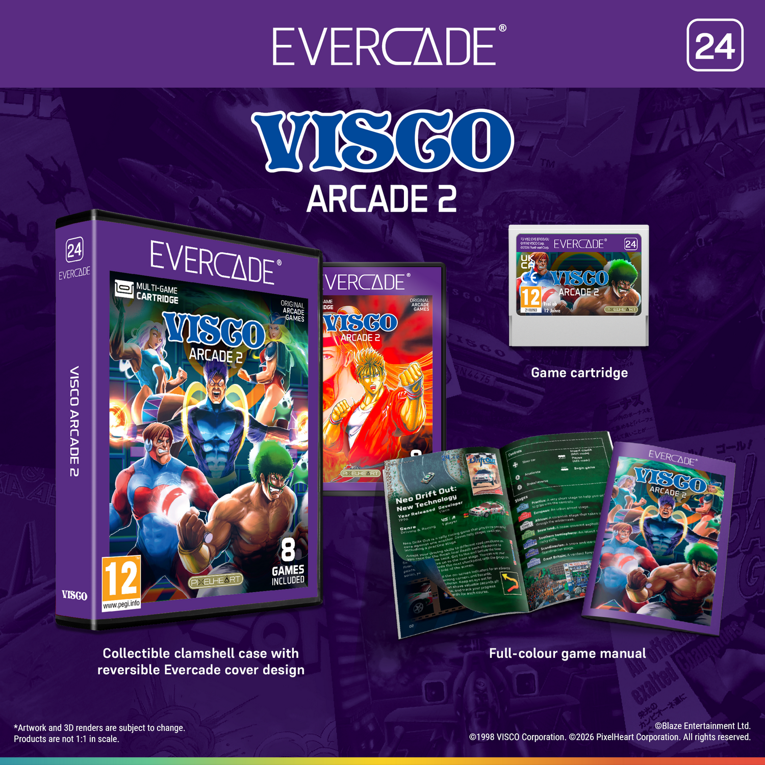 Empaque de juego Evercade Visco Arcade 2, cartucho, manual y gráficos detallados.