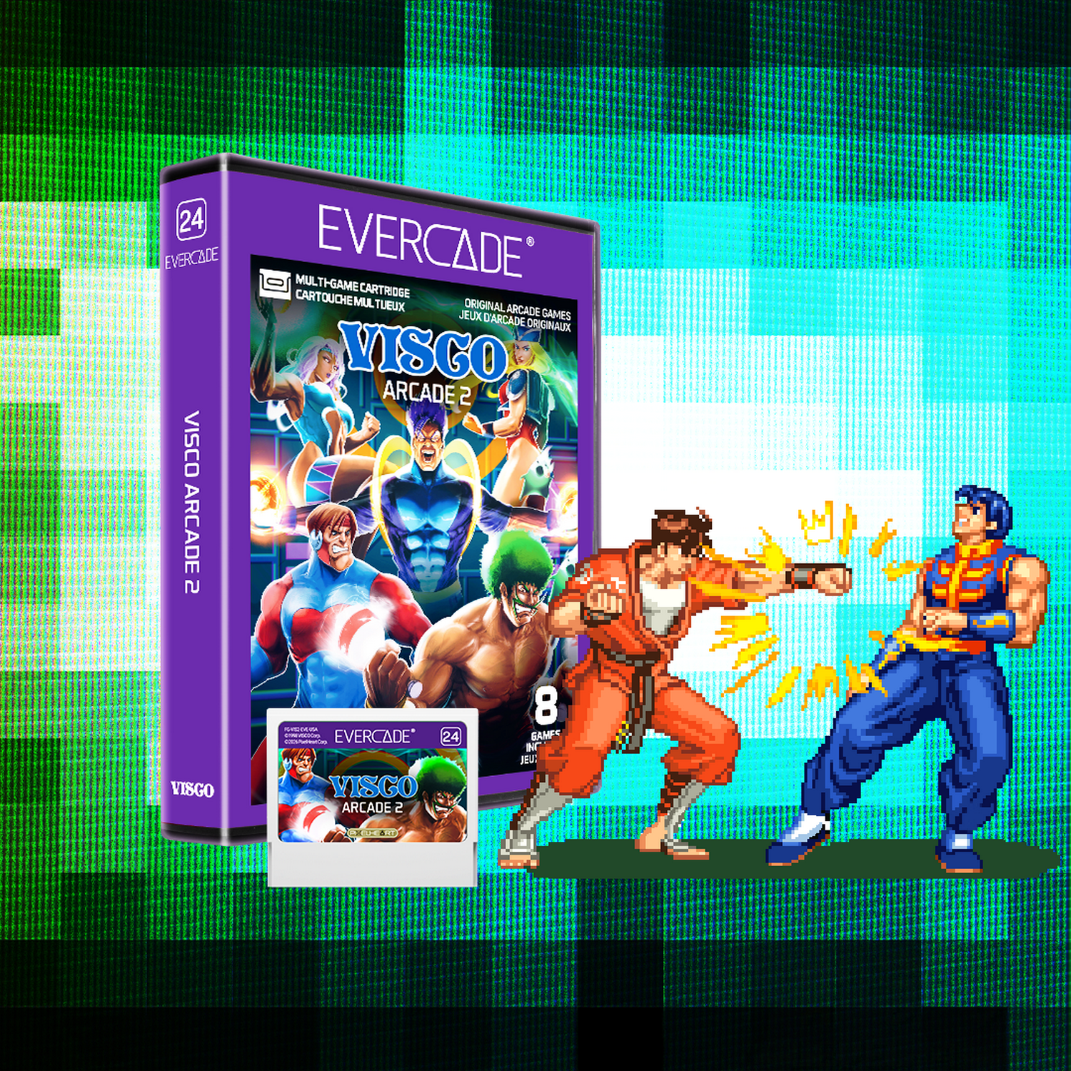 Caja de juego Evercade con arte de píxeles de lucha. Dos luchadores en combate.