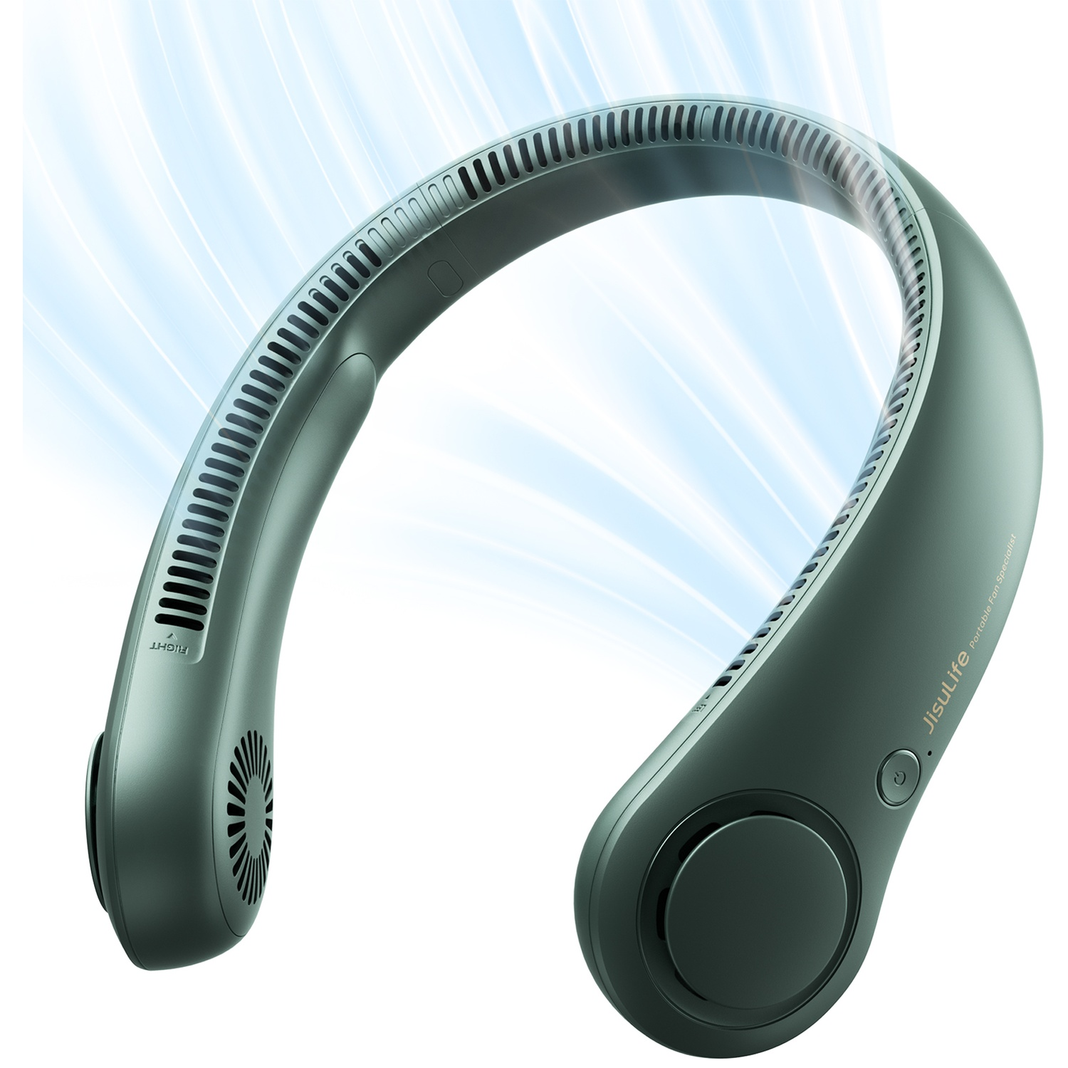 Un ventilateur de cou gris avec des aérations et un flux d'air sur fond blanc.