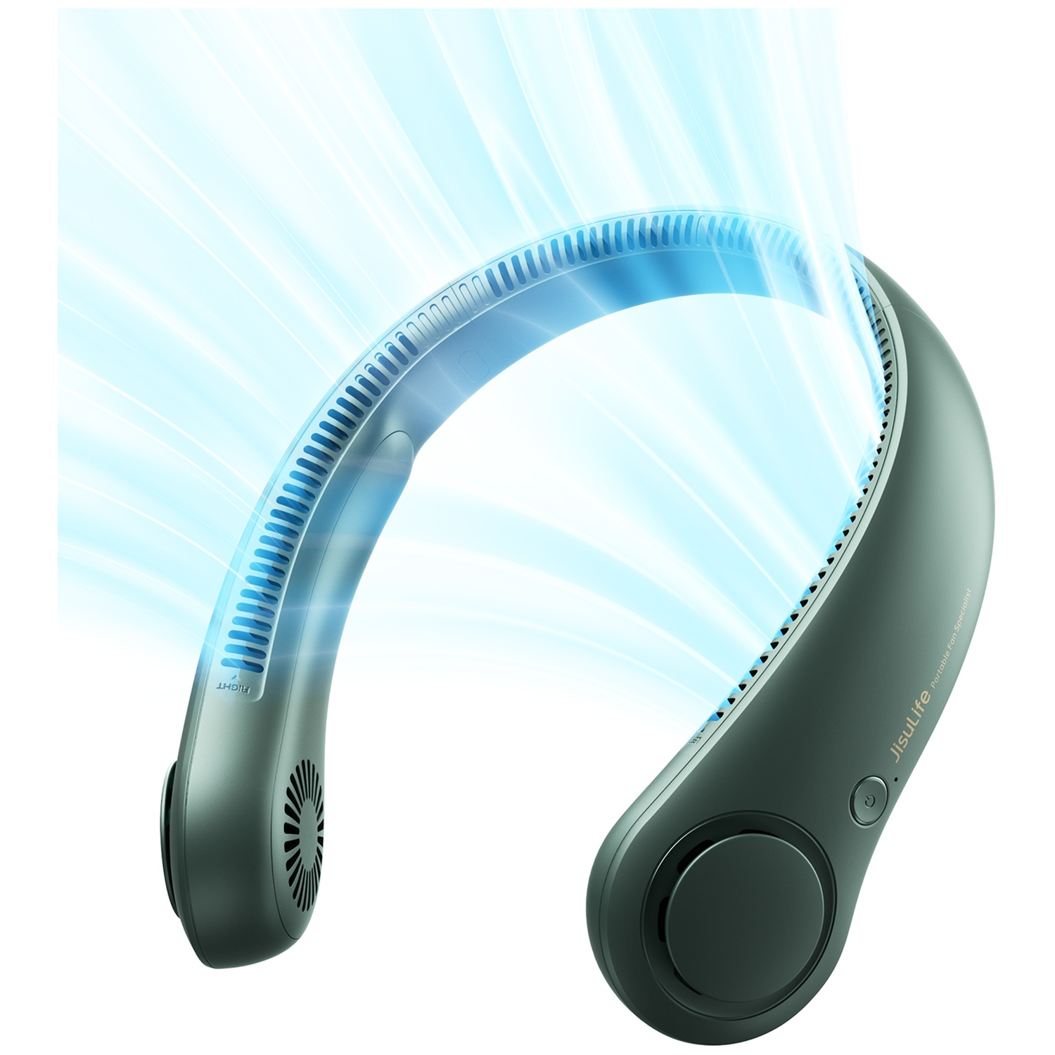Un ventilateur de cou portable foncé avec des lignes de flux d'air bleues.
