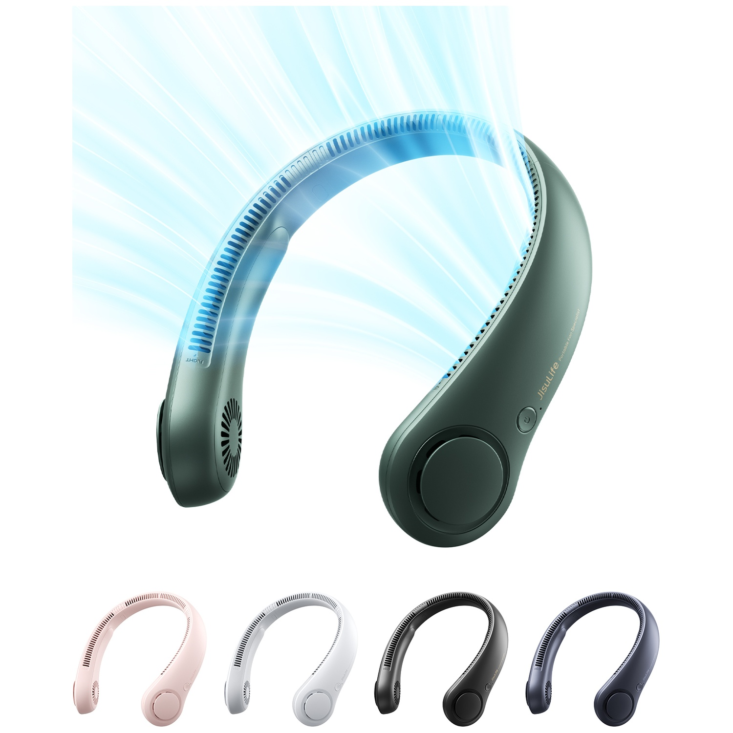 Un ventilateur portable pour le cou vert foncé avec des flux d'air bleus.