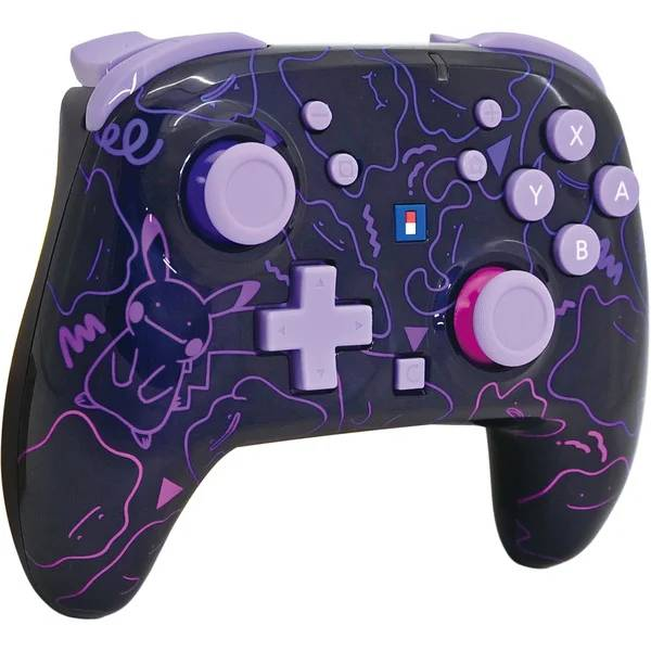 Mando de juego morado oscuro con Pikachu morado y estampado de olas.
