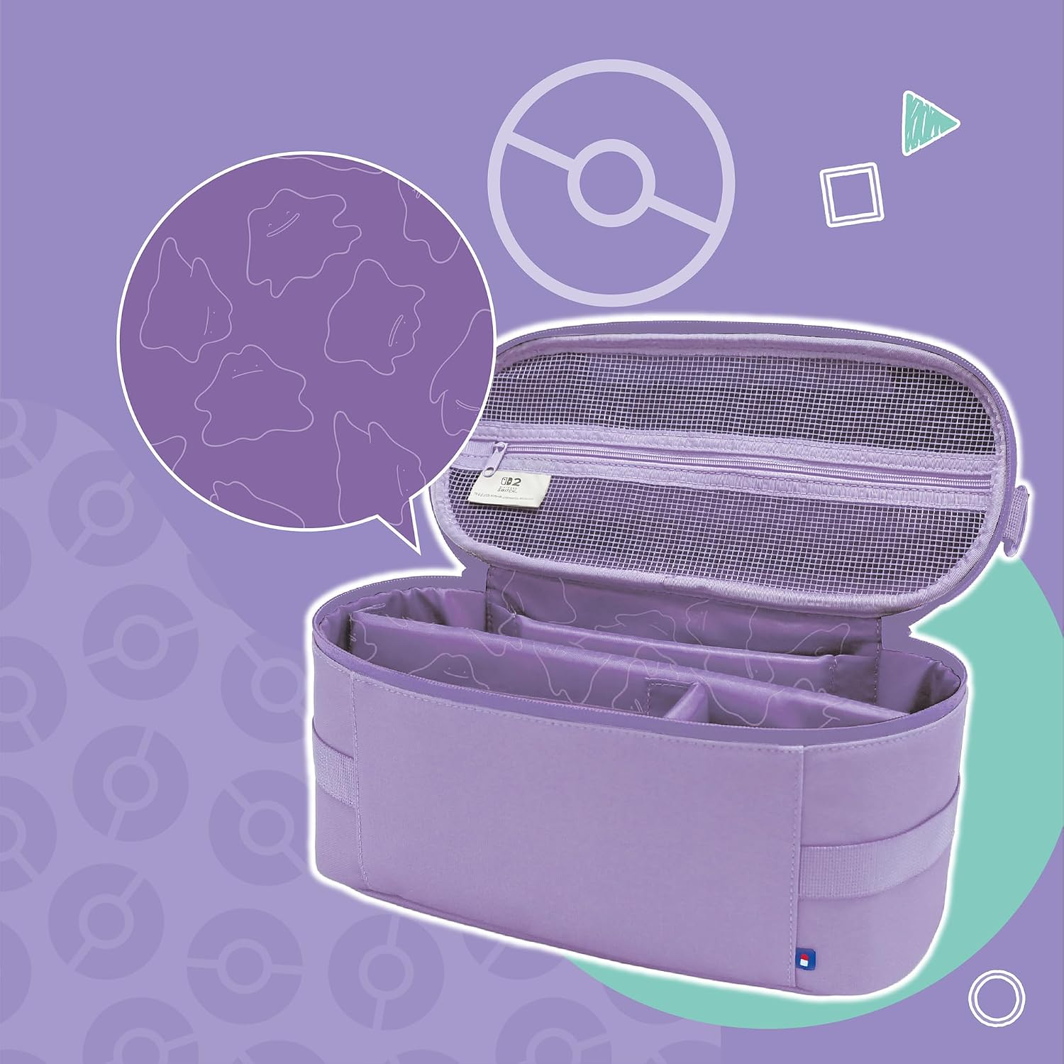 Una bolsa morada con estampado de Ditto, abierta, mostrando compartimentos.