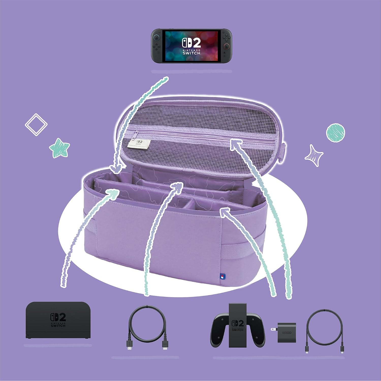 Consola Nintendo Switch, base, mando, cargador, cable y bolsa de almacenamiento morada.