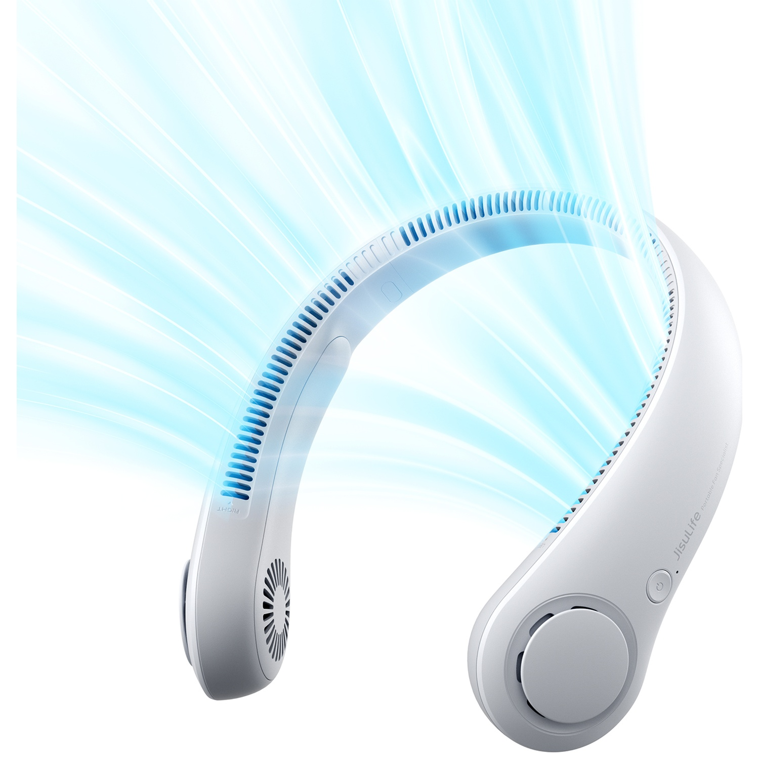 Un ventilateur de cou blanc avec des flux d'air bleus, sur fond blanc.