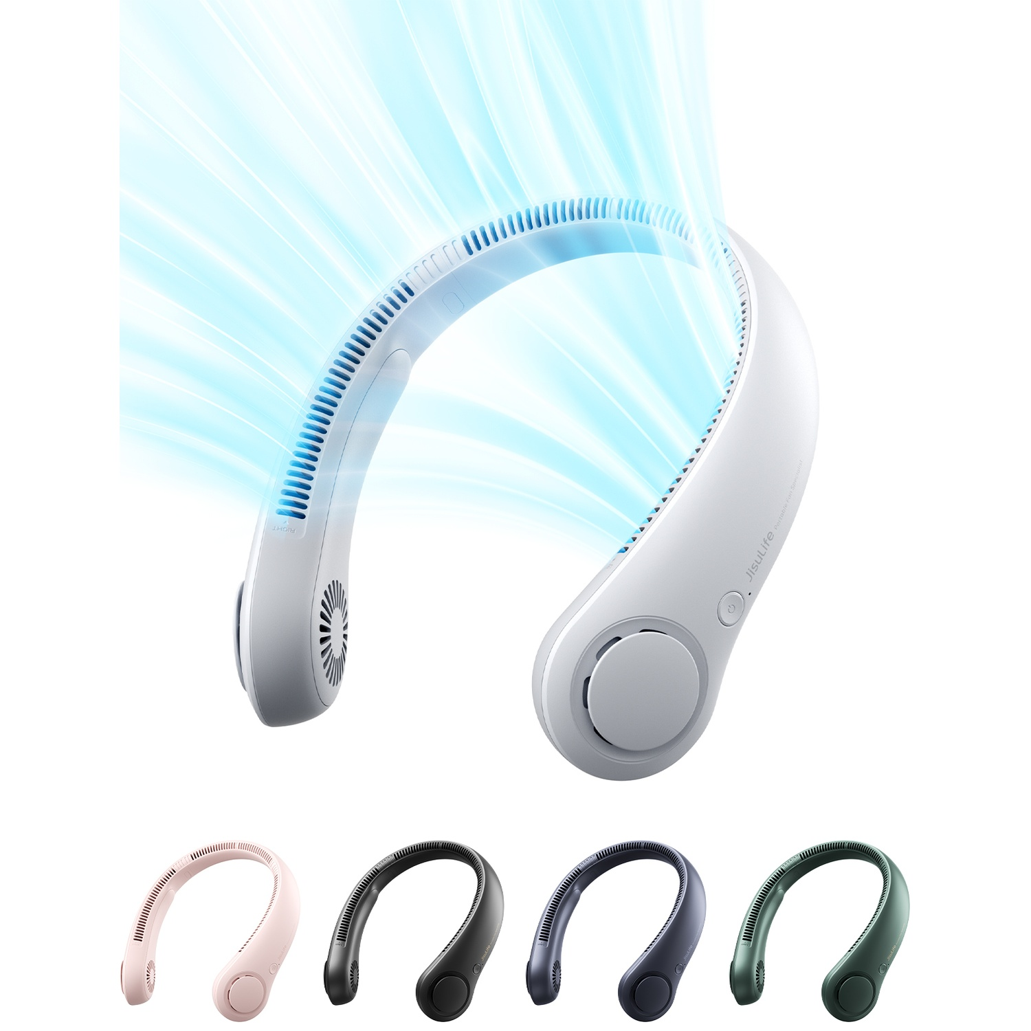 Un ventilateur de cou blanc avec flux d'air bleu et quatre autres couleurs en dessous.