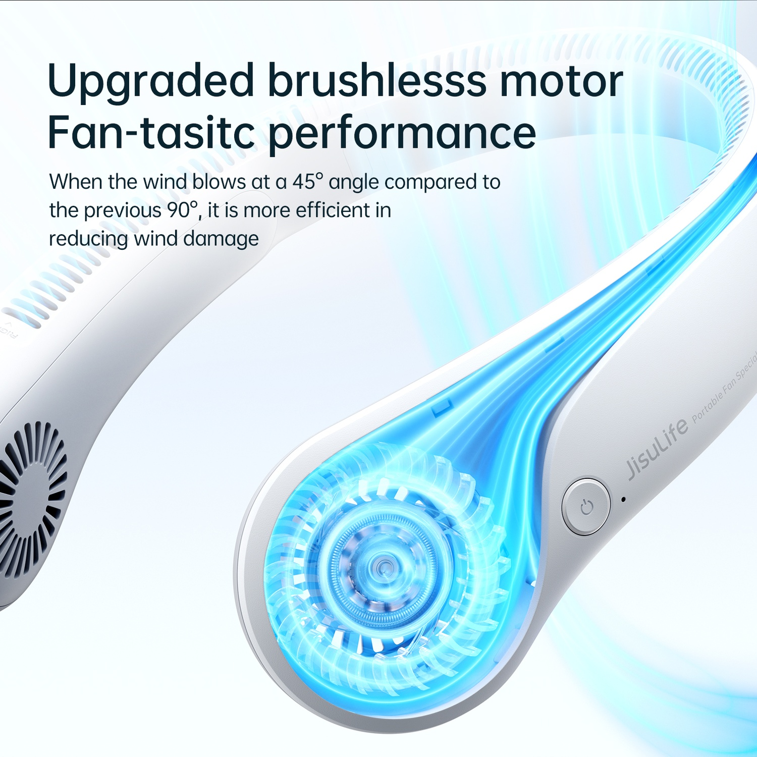 Ventilateur de cou blanc avec graphique de flux d'air bleu. Texte : Moteur sans balais amélioré, performance Fan-tasitc.