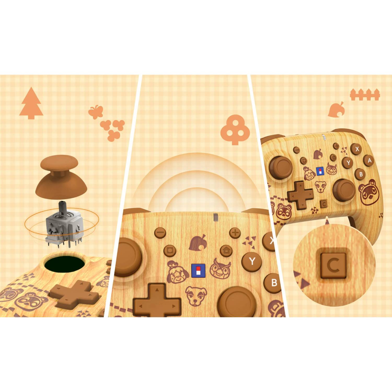 Un mando con veta de madera y motivos de Animal Crossing, se ven el joystick y los botones.