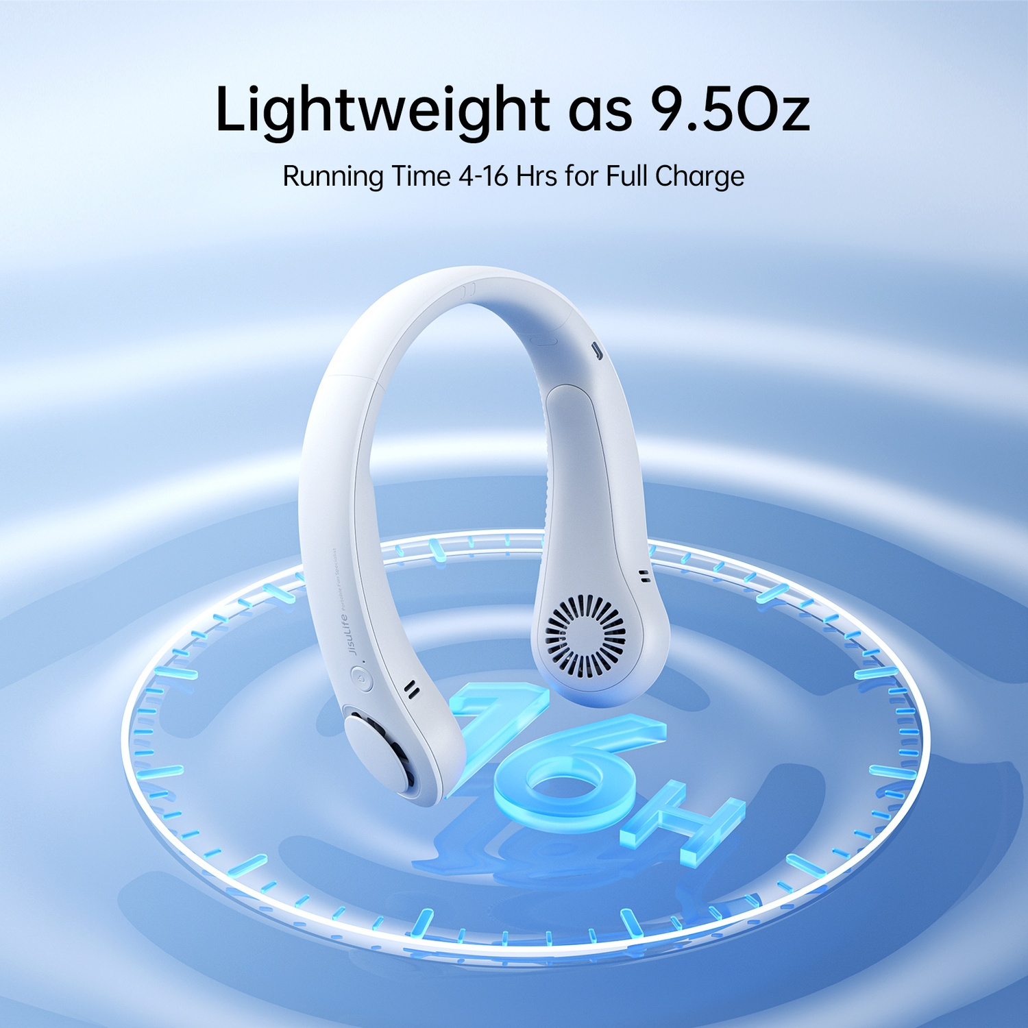 Un ventilateur de cou blanc avec "16H" sur fond bleu.