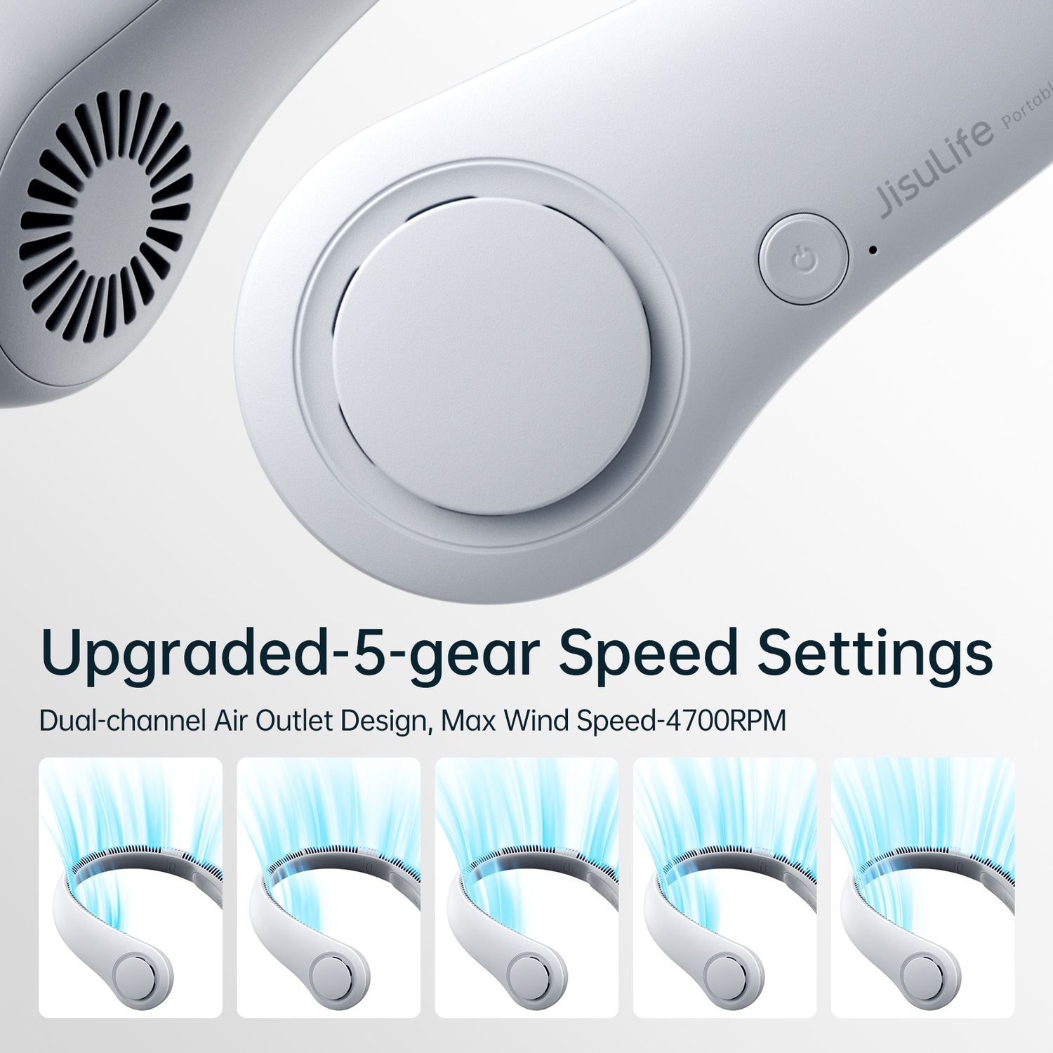 Un ventilateur de cou blanc avec 5 réglages de vitesse et des sorties d'air.