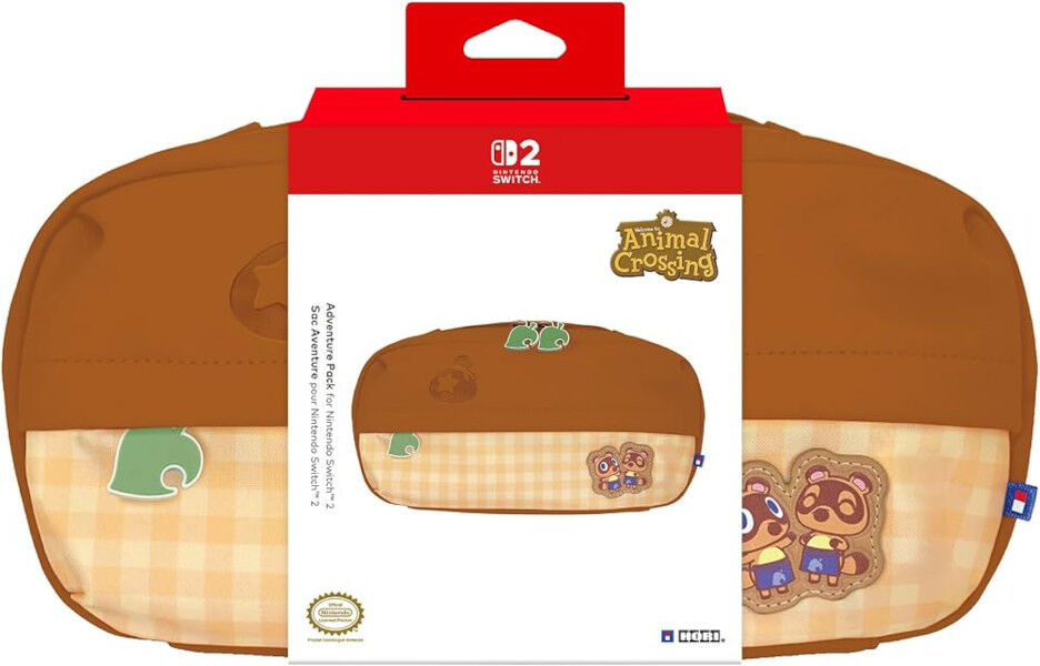 Una bolsa marrón de Nintendo Switch con diseños de Animal Crossing y logo de Nintendo.