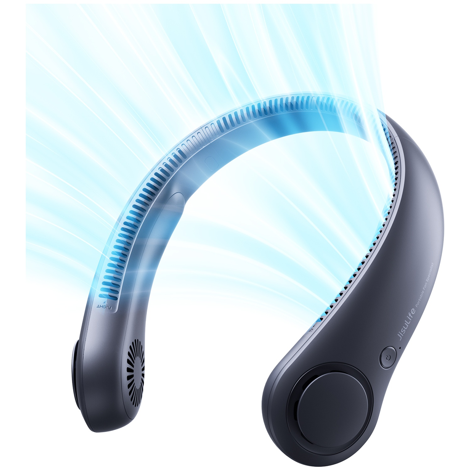 Un ventilateur de cou sombre avec des faisceaux de lumière bleue.