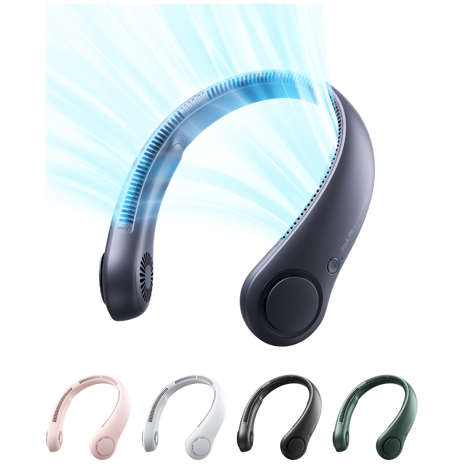 Un ventilateur de cou gris foncé avec flux d'air bleu en haut et quatre ventilateurs colorés en dessous.