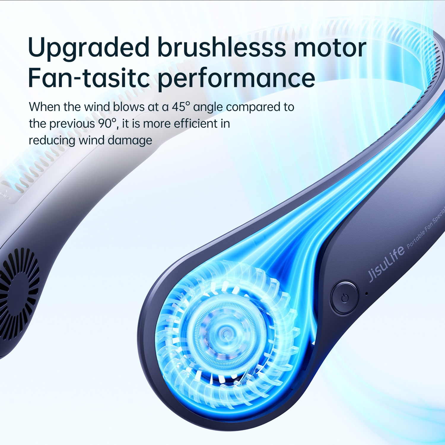 Un ventilateur portable pour le cou avec flux d'air bleu, montrant le logo JisuLife.