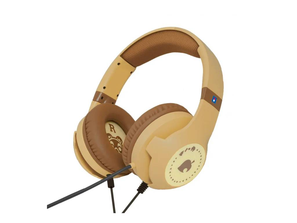 Auriculares marrones y beige con cable sobre fondo blanco. Un logo en el auricular.