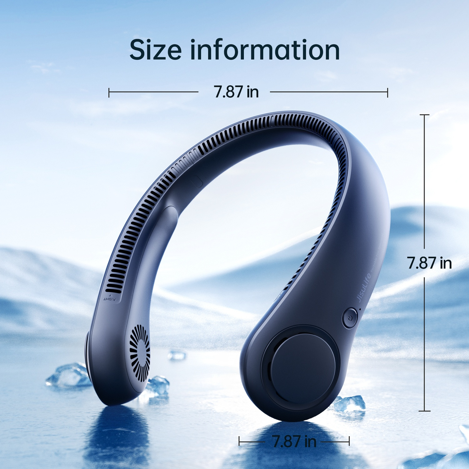 Un ventilateur de cou bleu foncé, de 7,87 pouces, est montré sur de la glace et de l'eau.