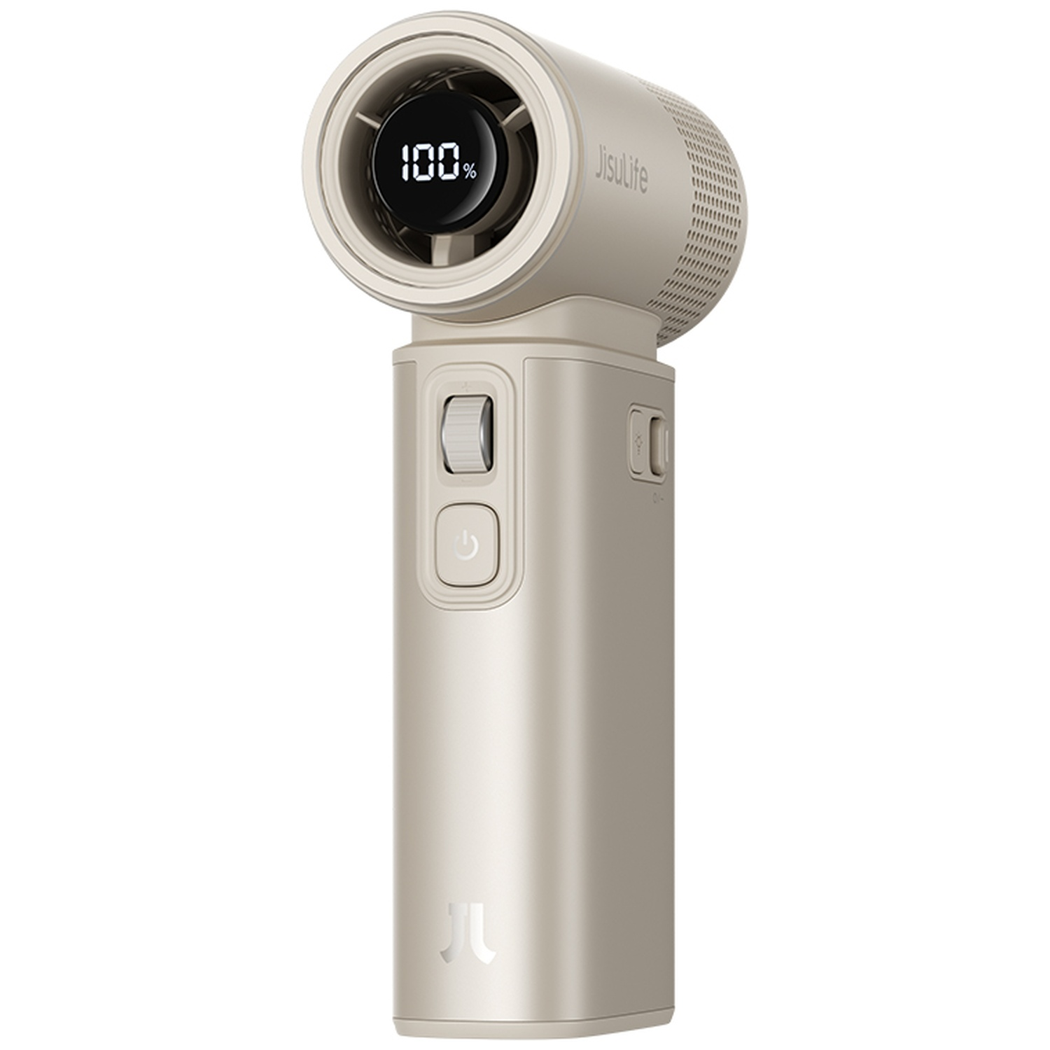 Un ventilateur portable beige affichant 100% avec le logo Jisulife.