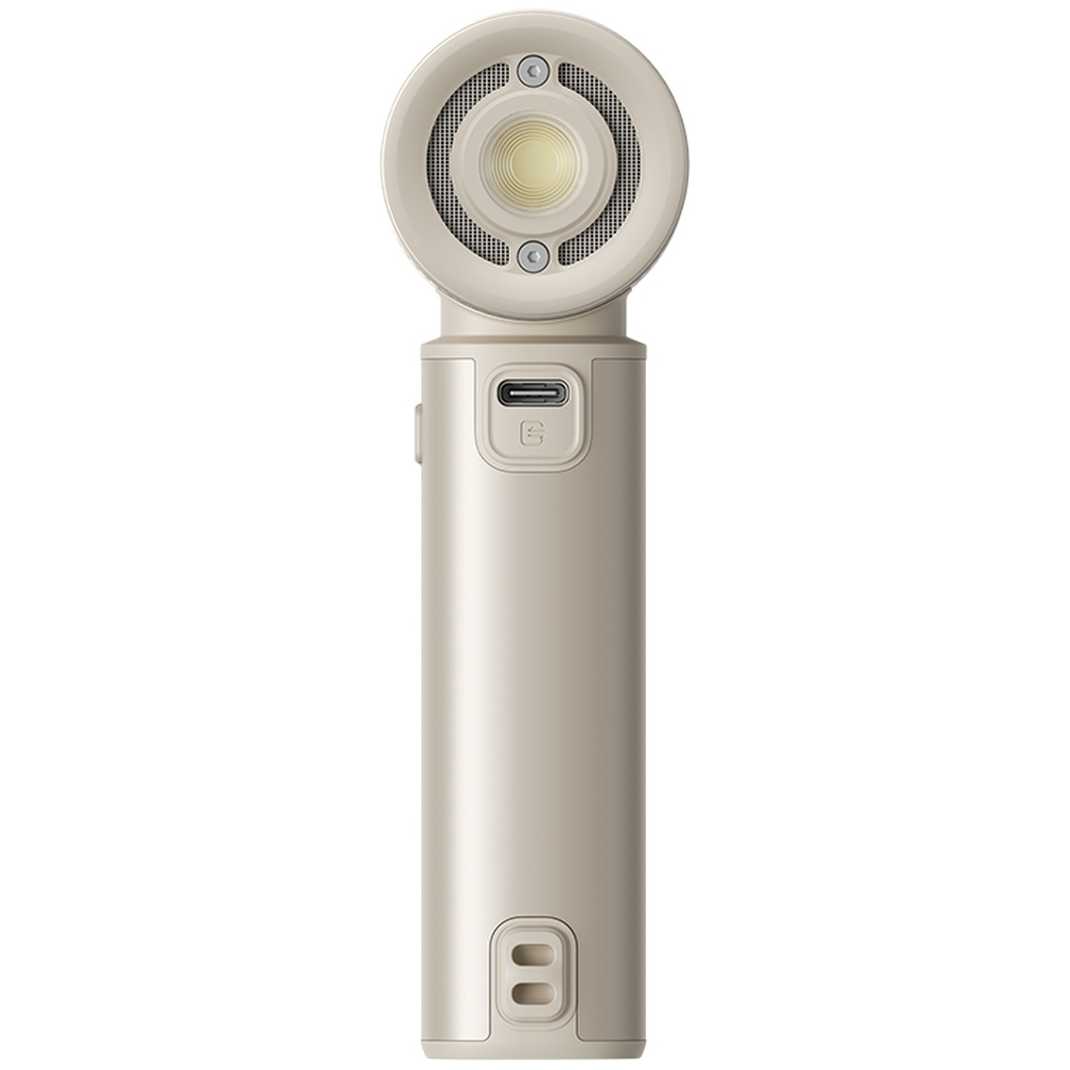 Un ventilateur portable beige avec une tête ronde et un manche.