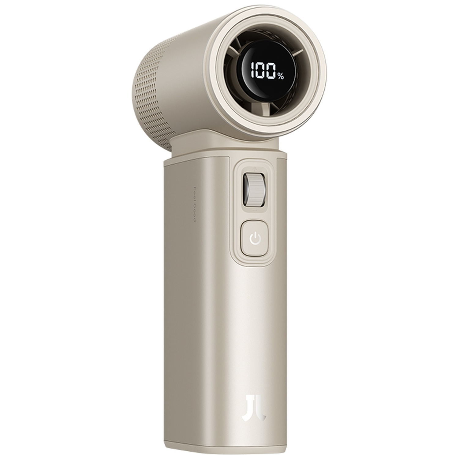 Un ventilateur doré portable avec un écran numérique affichant 100%.