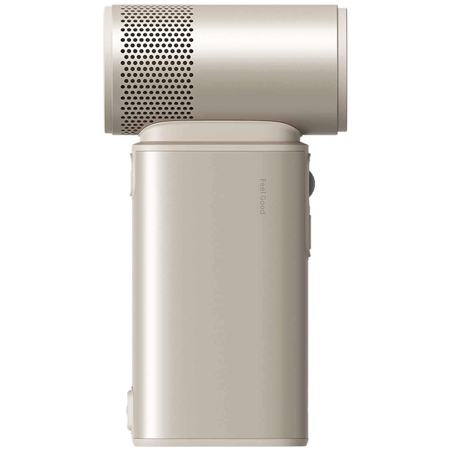 Un ventilateur beige avec un dessus perforé et un corps étiqueté "Feel Good".