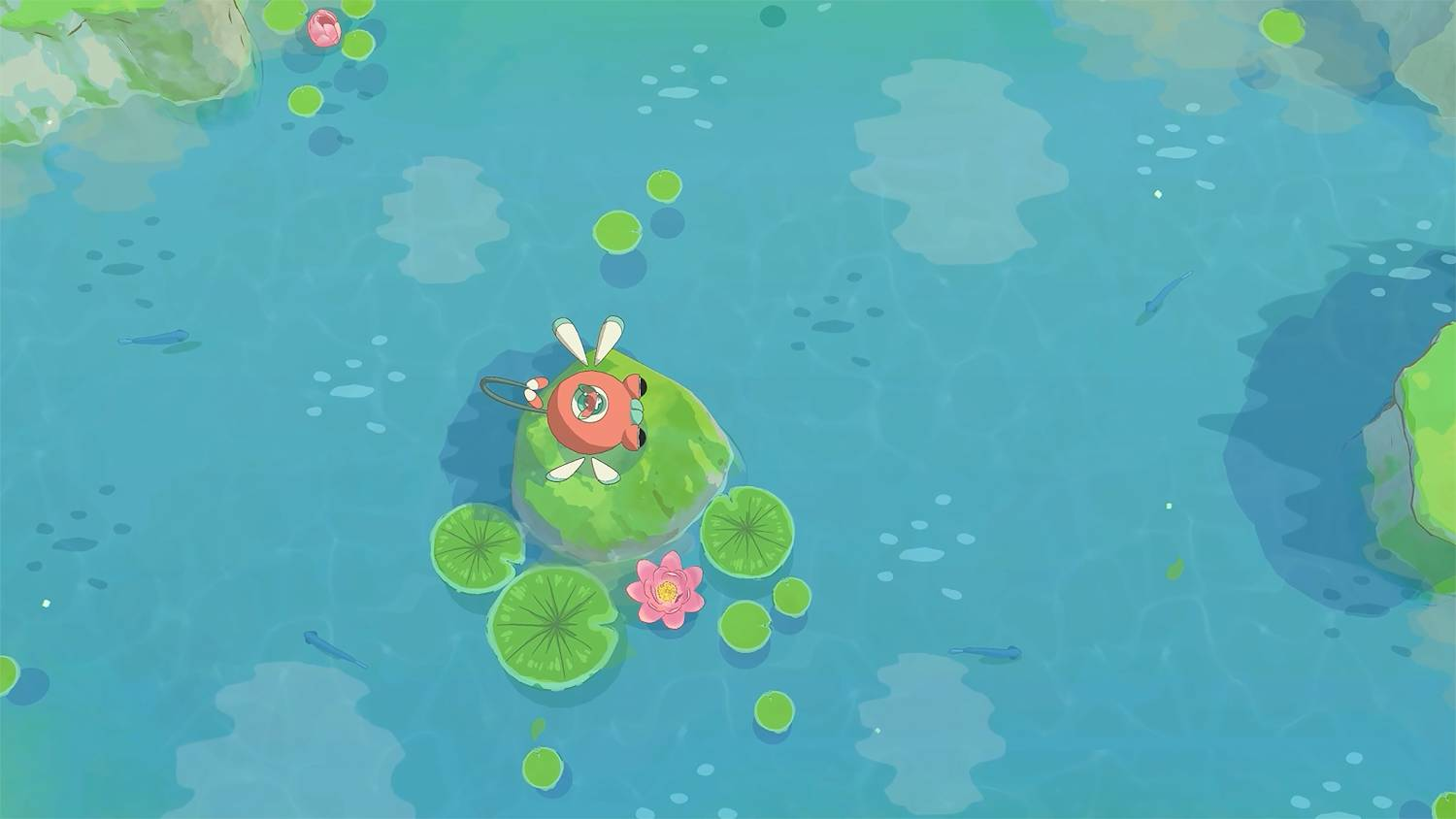 Un Pokémon rojo se sienta en un nenúfar en agua azul con peces.