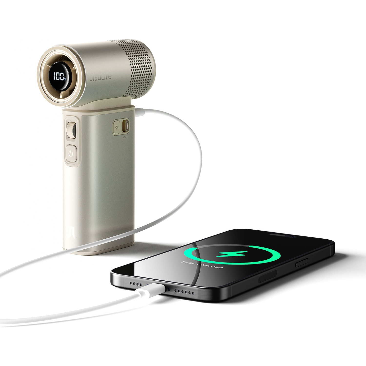 Un ventilateur portable beige avec écran numérique est relié à un smartphone noir par un câble blanc.