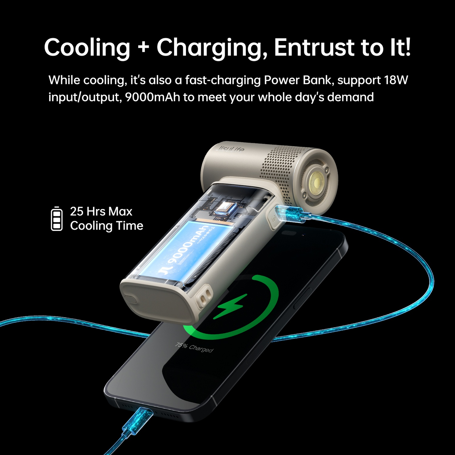 Un fond noir montre un appareil de banque d'alimentation chargeant un smartphone.