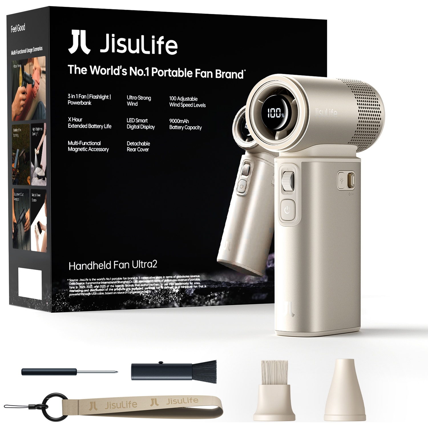 Un ventilateur portable doré avec écran LED, accessoires et emballage.