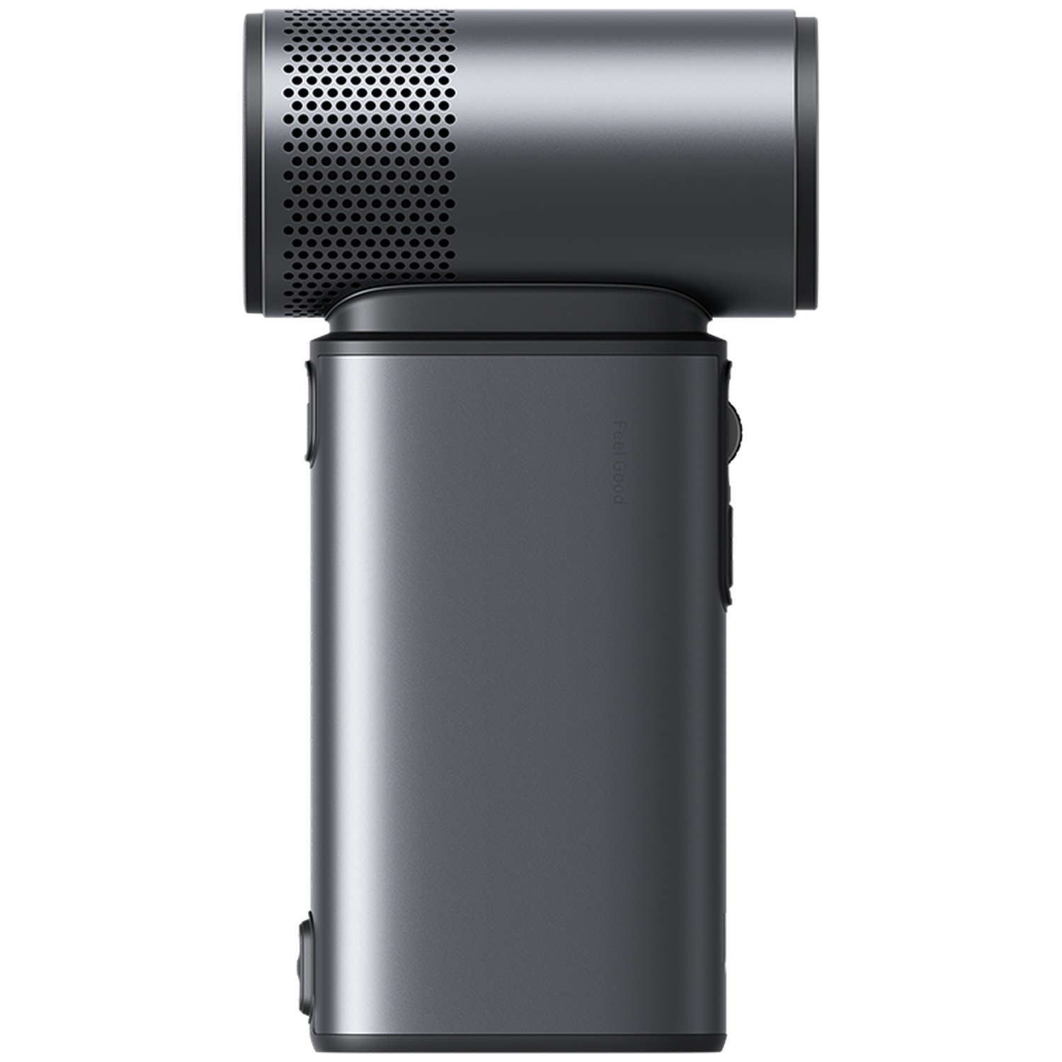 Un purificateur d'air cylindrique gris avec un dessus perforé.