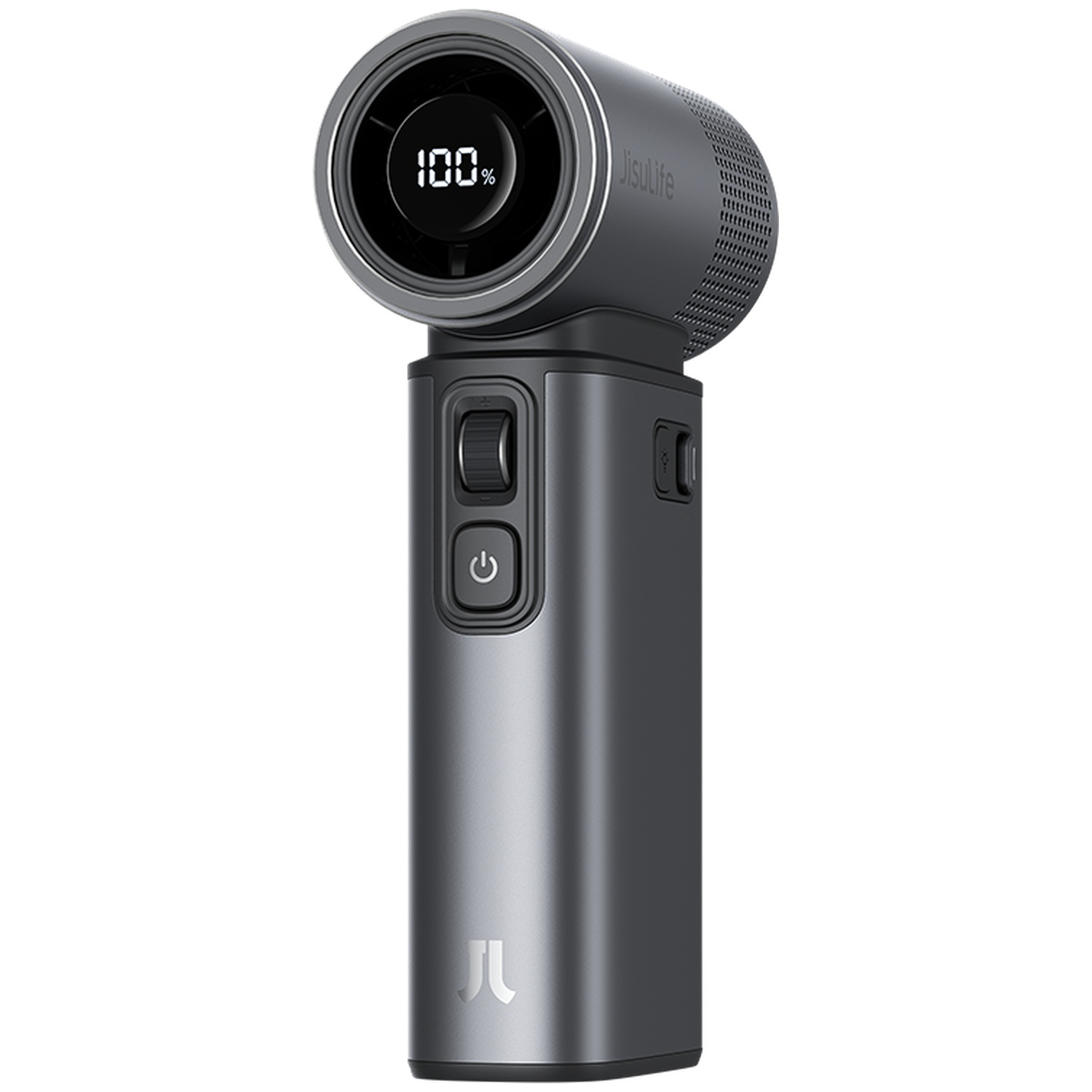 Gimbal gris avec affichage de batterie à 100% et bouton d'alimentation.