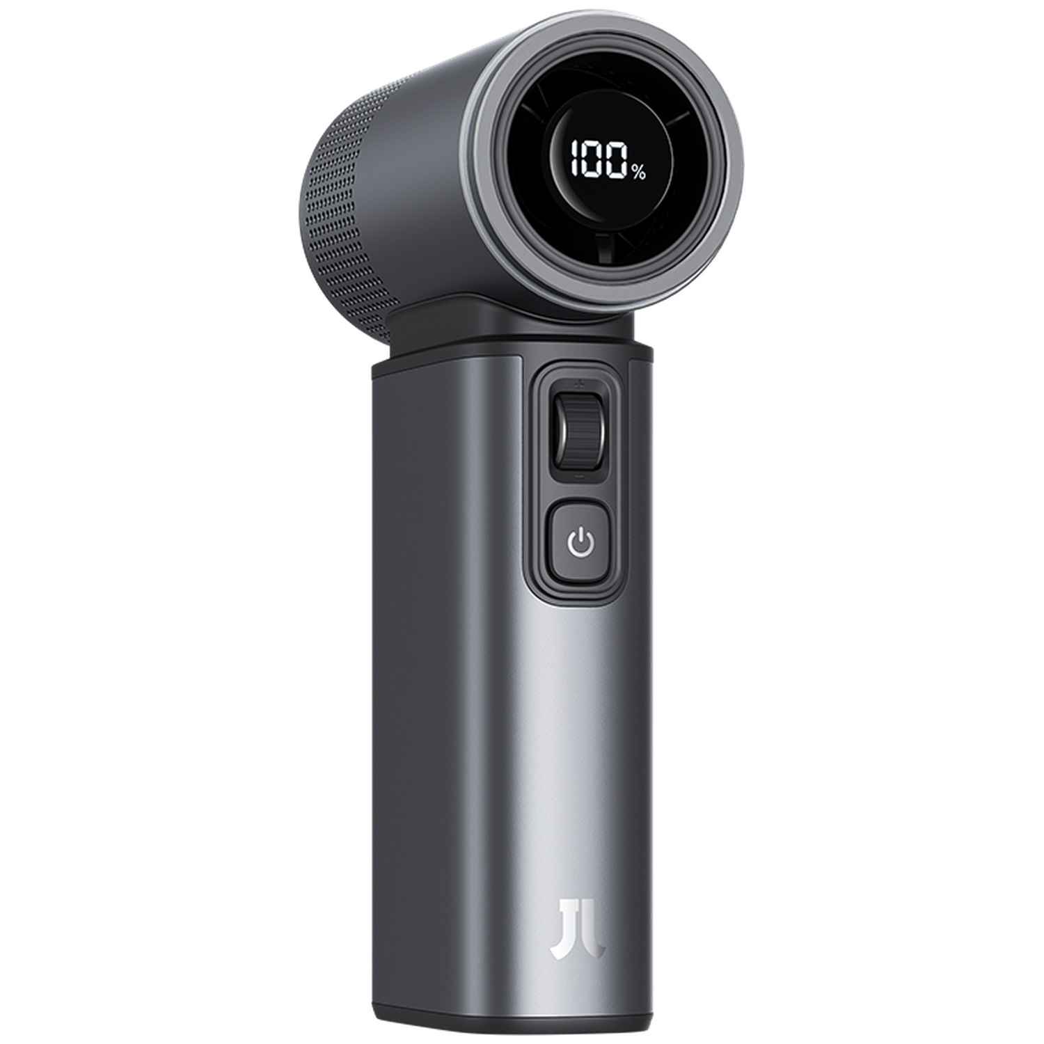 Appareil portable gris foncé avec un dessus rond affichant 100%. Boutons sur le côté.