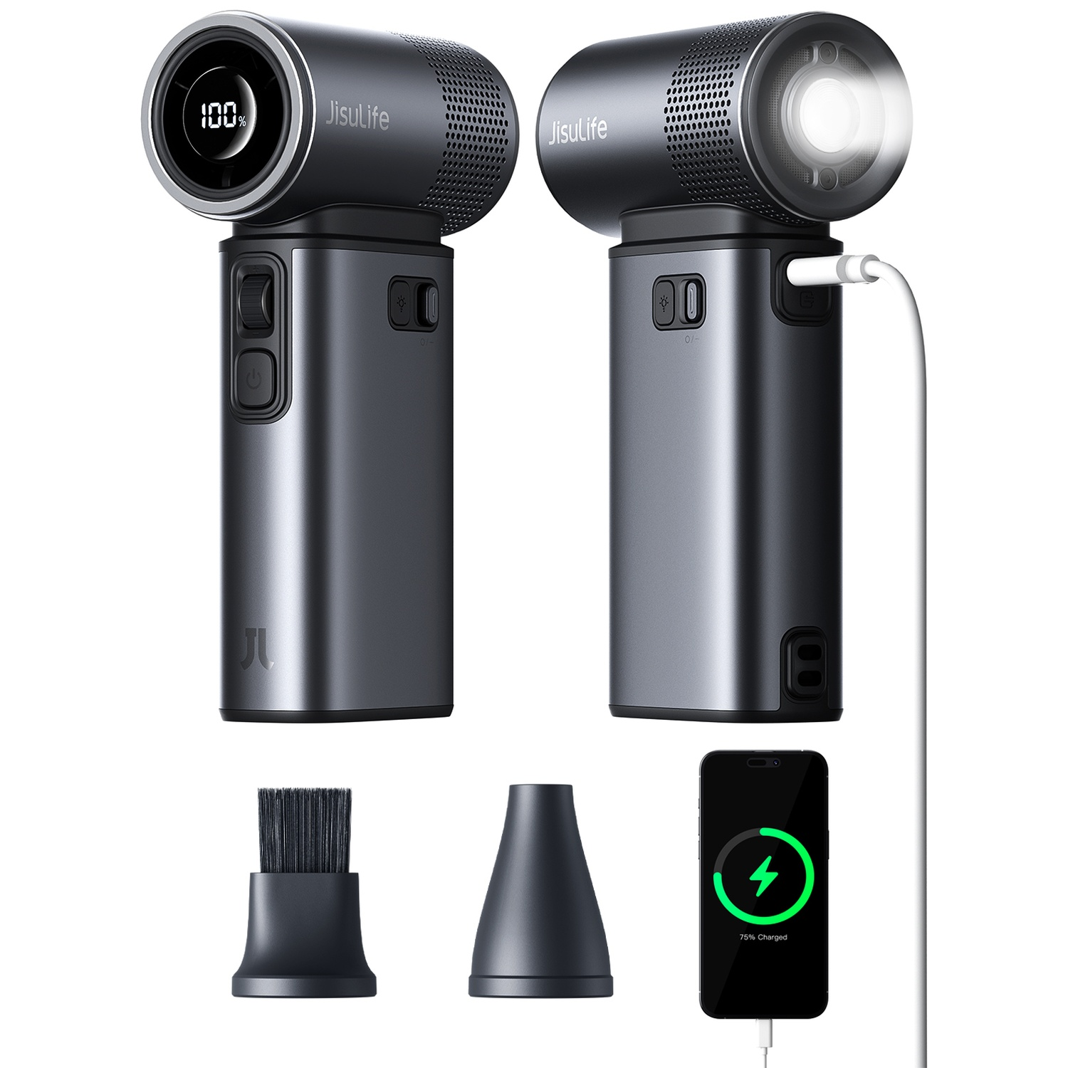 Deux appareils sombres avec écran LED, indicateur de charge et accessoires.
